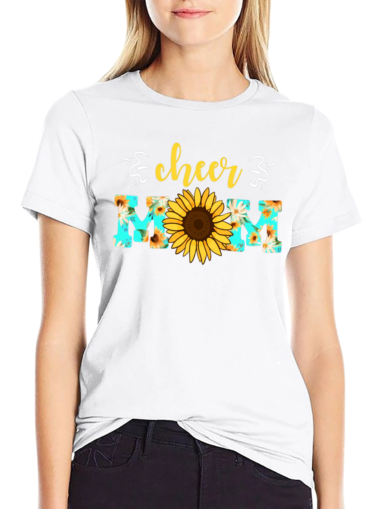 Black Cheer Mom Sunflower Graphic T-Shirt view 9