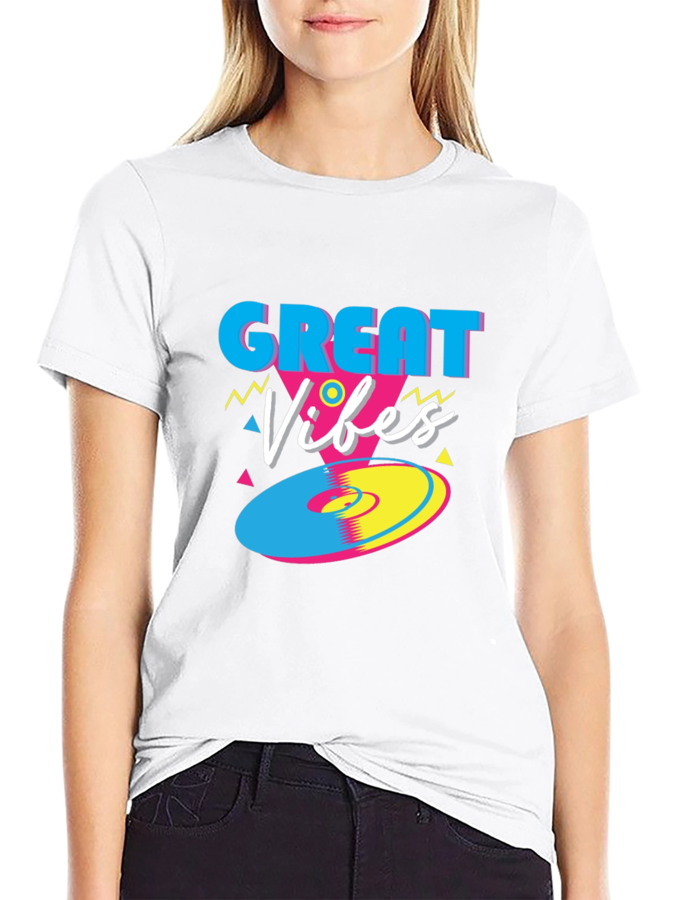 Black Great Vibes Retro T-Shirt - Funky 80s Style Tee view 9