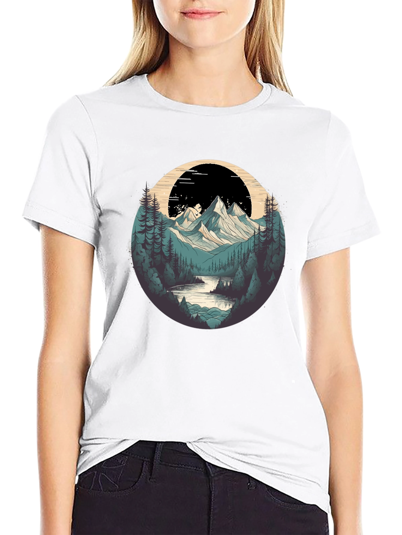 Black Nature Graphic T-Shirt - Mountain and Forest Design view 9