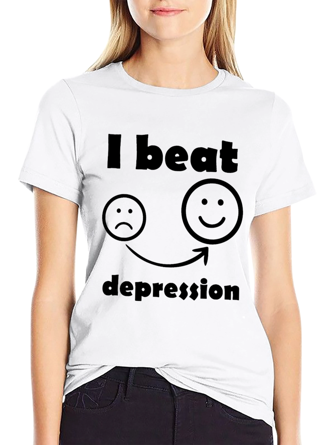 Black I Beat Depression T-Shirt - Black, Graphic Tee view 9