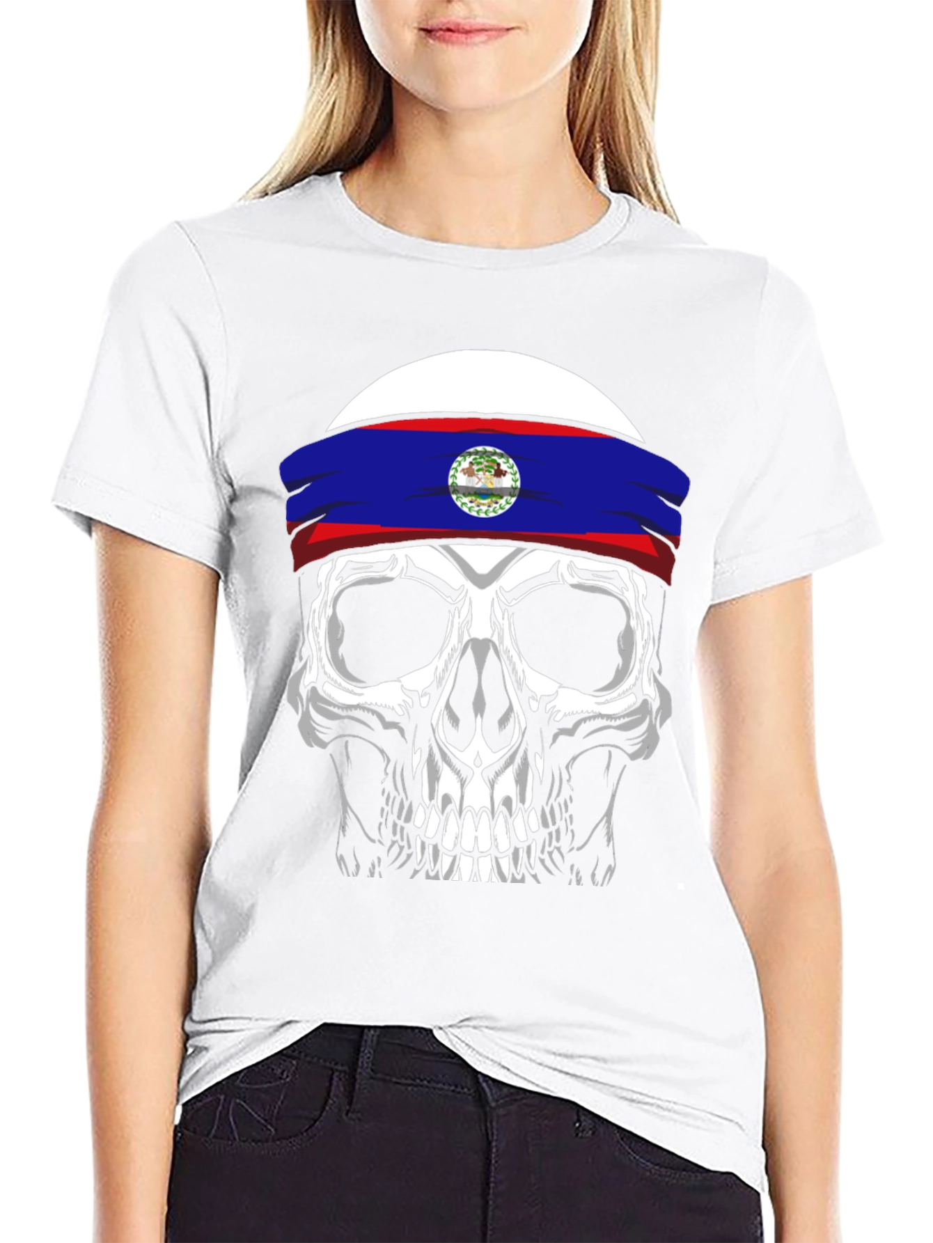 Black Skull Belize Flag Headband T-Shirt view 9