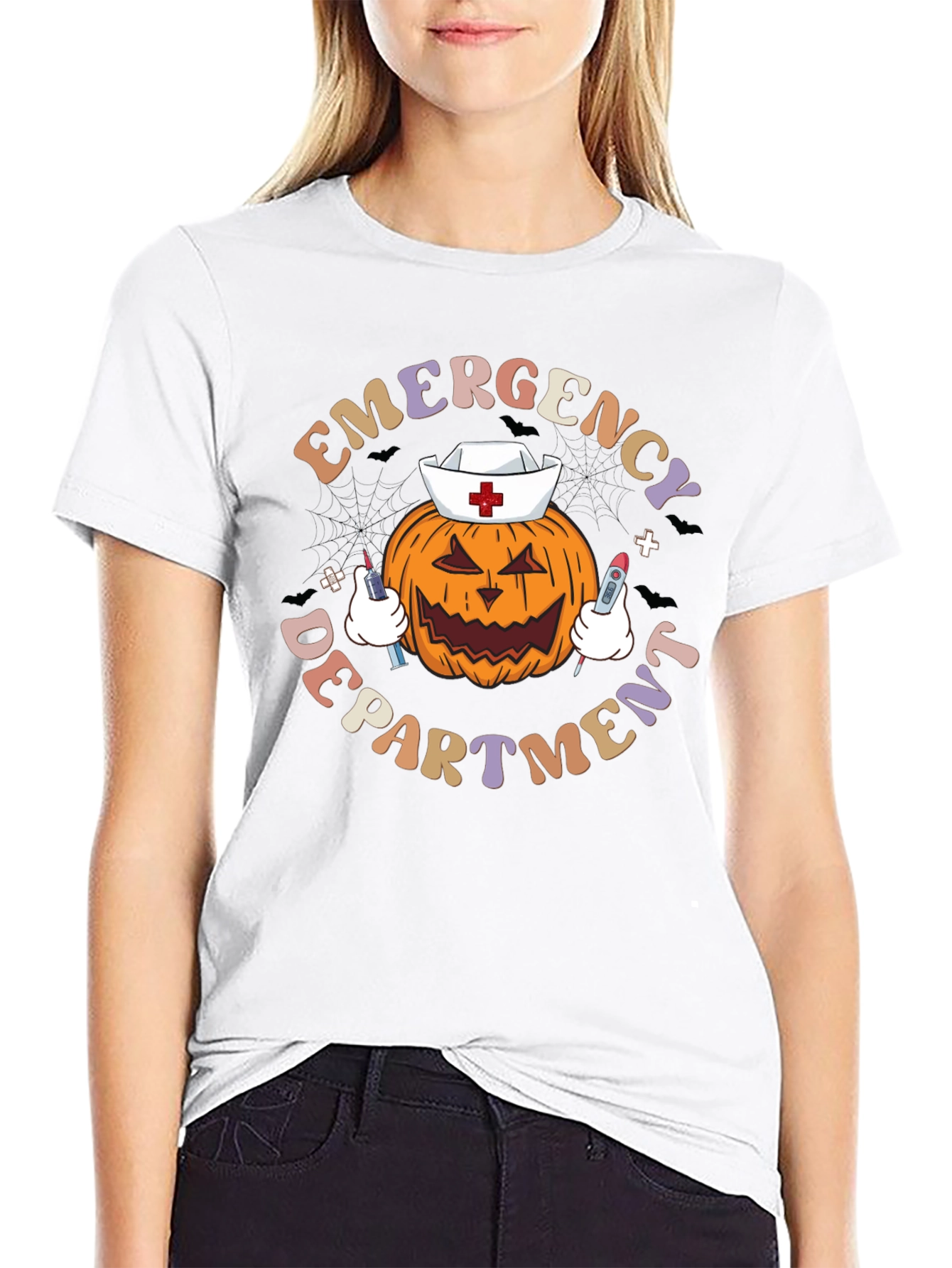 Black Emergency Dept. Halloween Pumpkin Nurse T-Shirt view 9