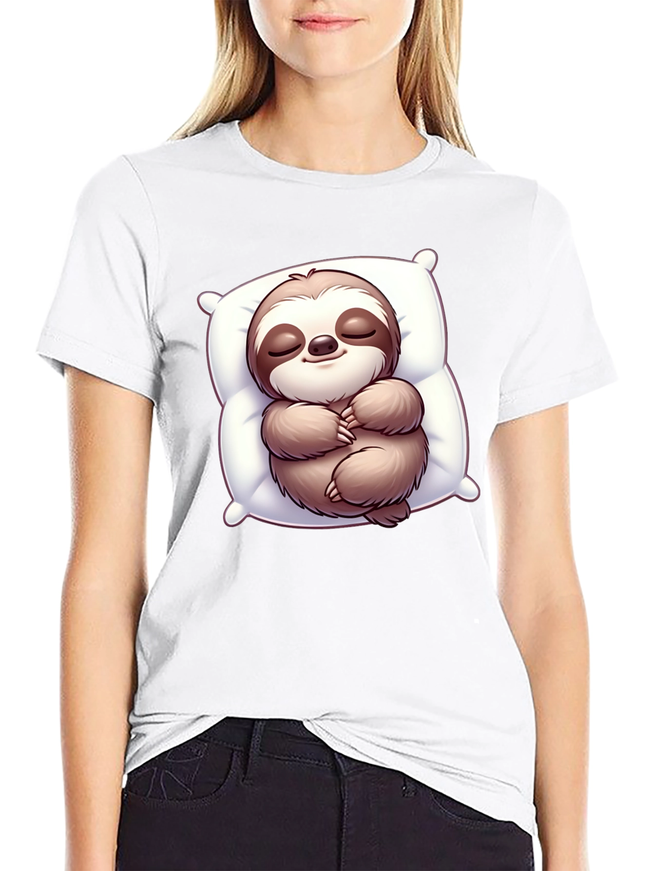 Black Cute Sloth Sleeping on Pillow Black T-Shirt view 9
