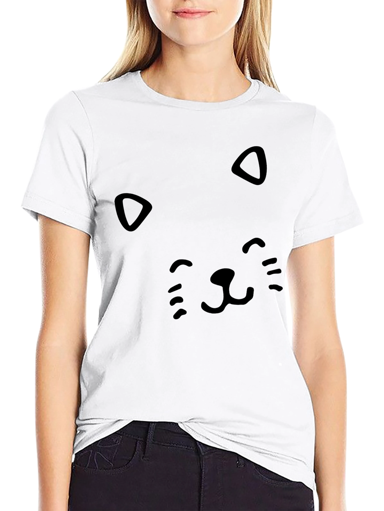 Black Cute Cat Face Black T-Shirt view 9