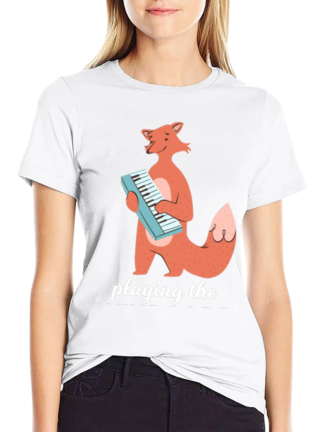Black Fox Playing Keyboard Funny Graphic T-Shirt view 9
