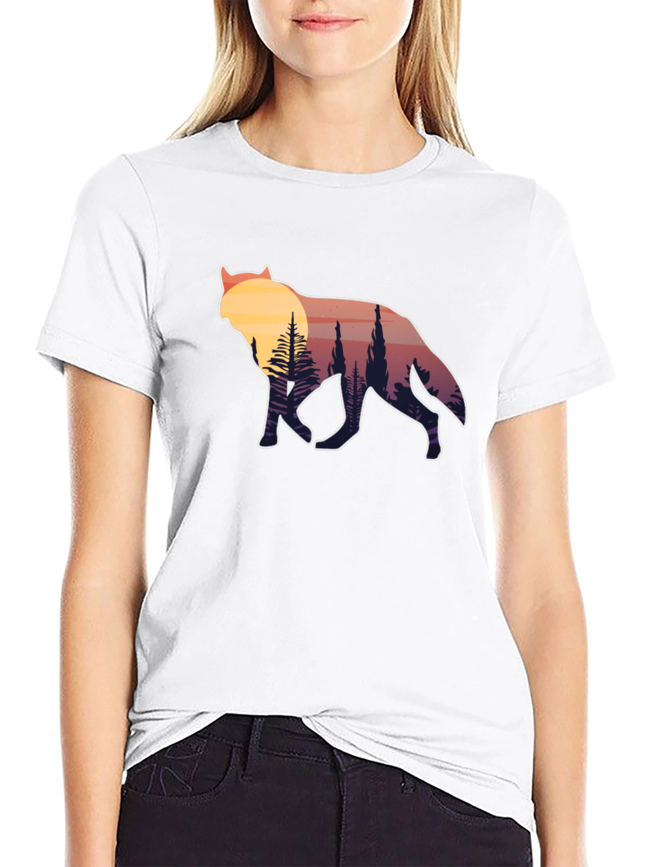Black Wolf Silhouette Graphic Tee - Sunset Forest Design view 9