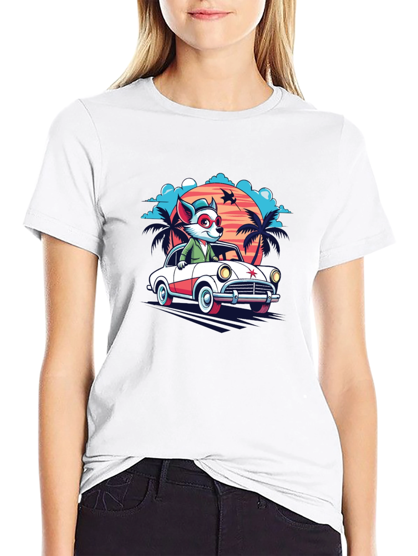 Black Cool Cartoon Fox Car T-Shirt view 9