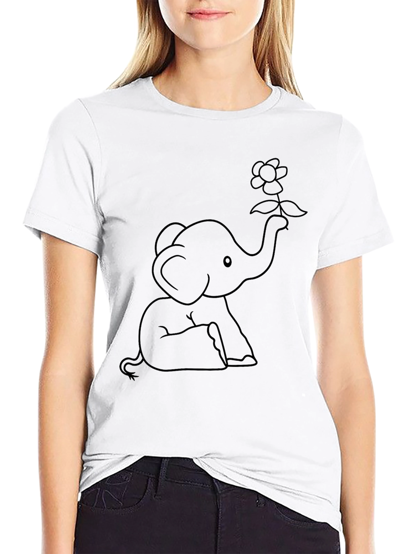 Black Cute Elephant Holding Flower T-Shirt view 9