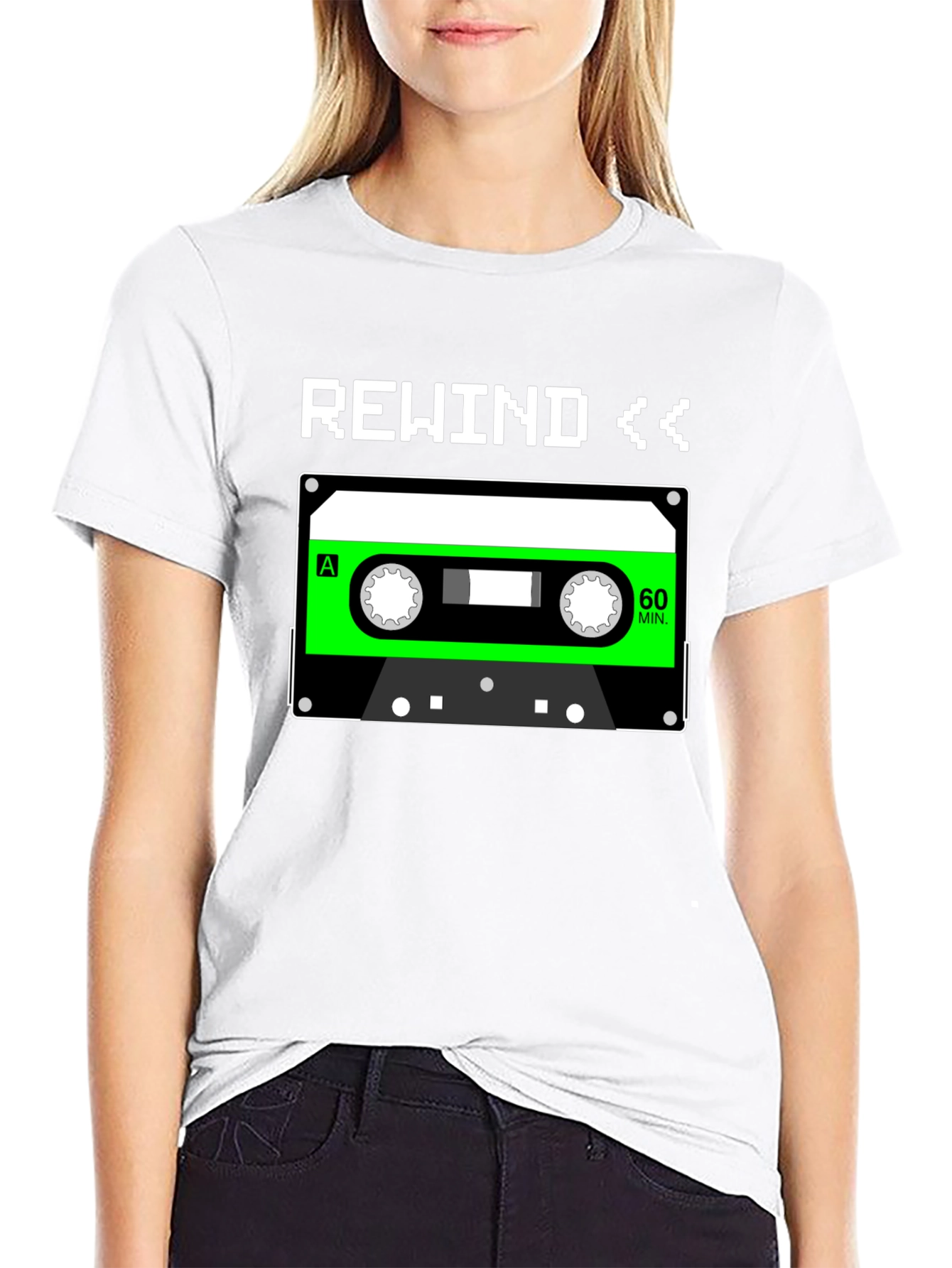 Black Retro Rewind Cassette Tape Graphic Tee - 80s Nostalgia T-Shirt view 9