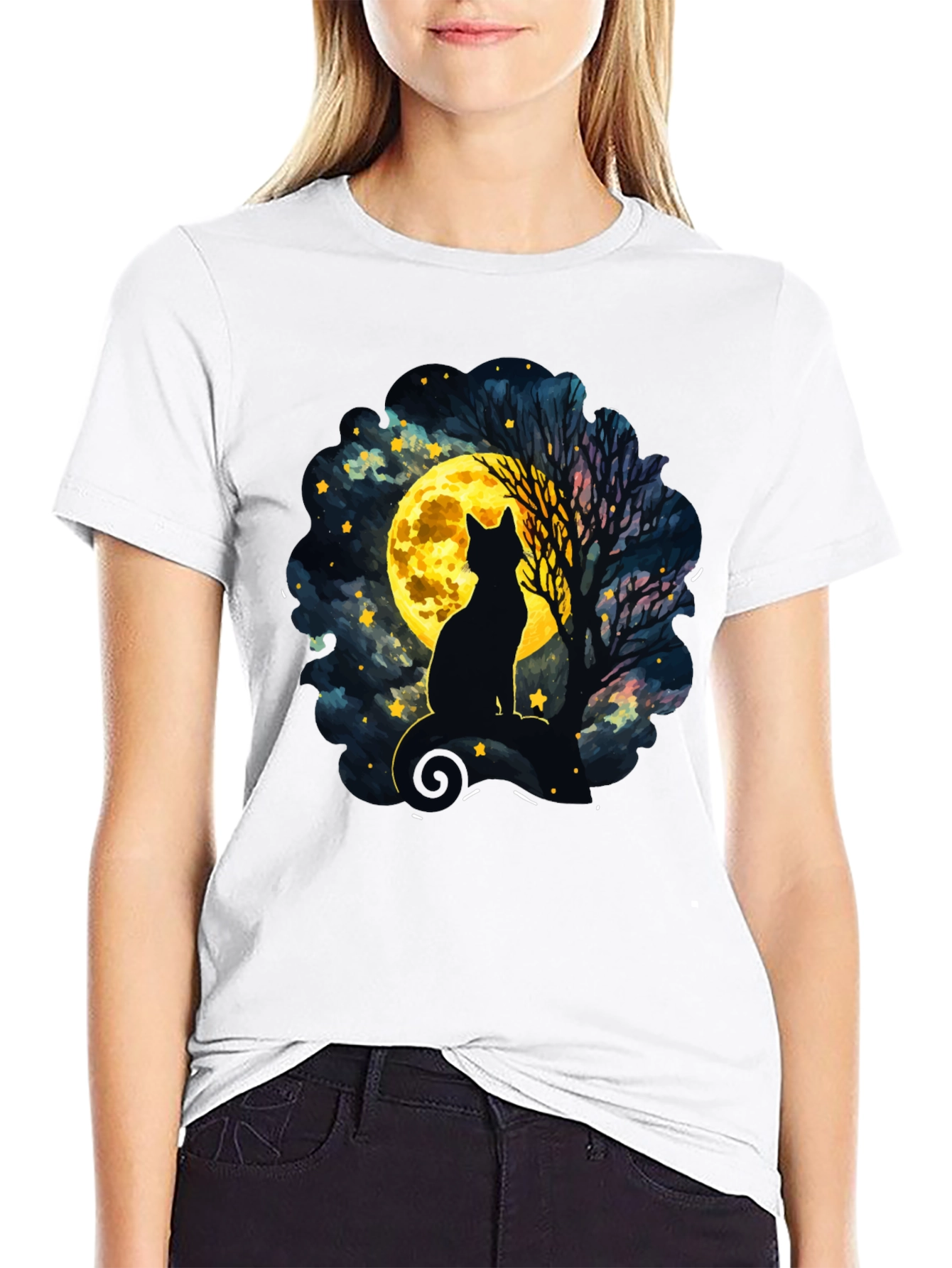 Black Moonlit Cat T-Shirt - Whimsical Night Sky Design view 9