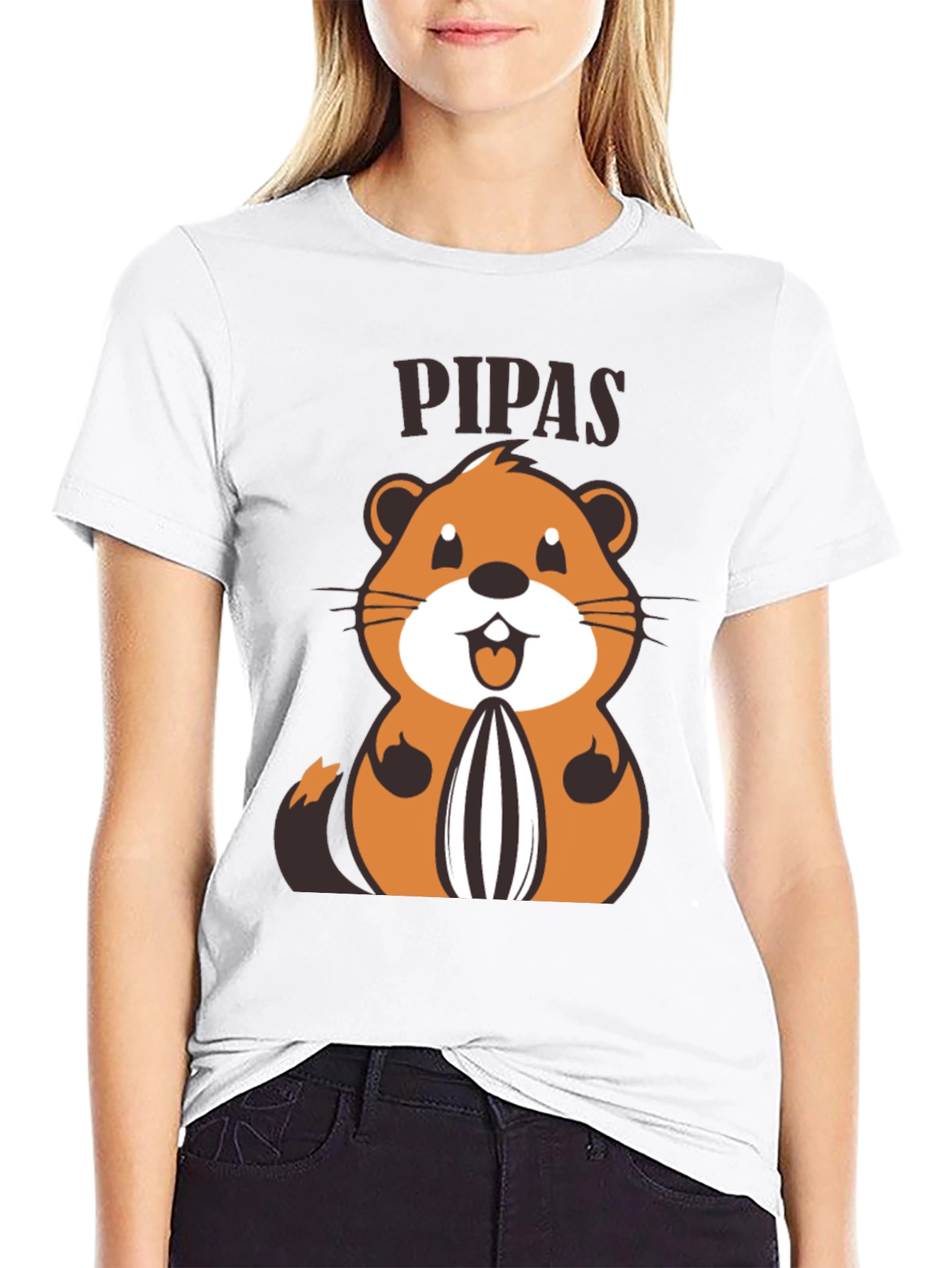 Black Funny PIPAS T-Shirt with Cartoon Animal Design view 9