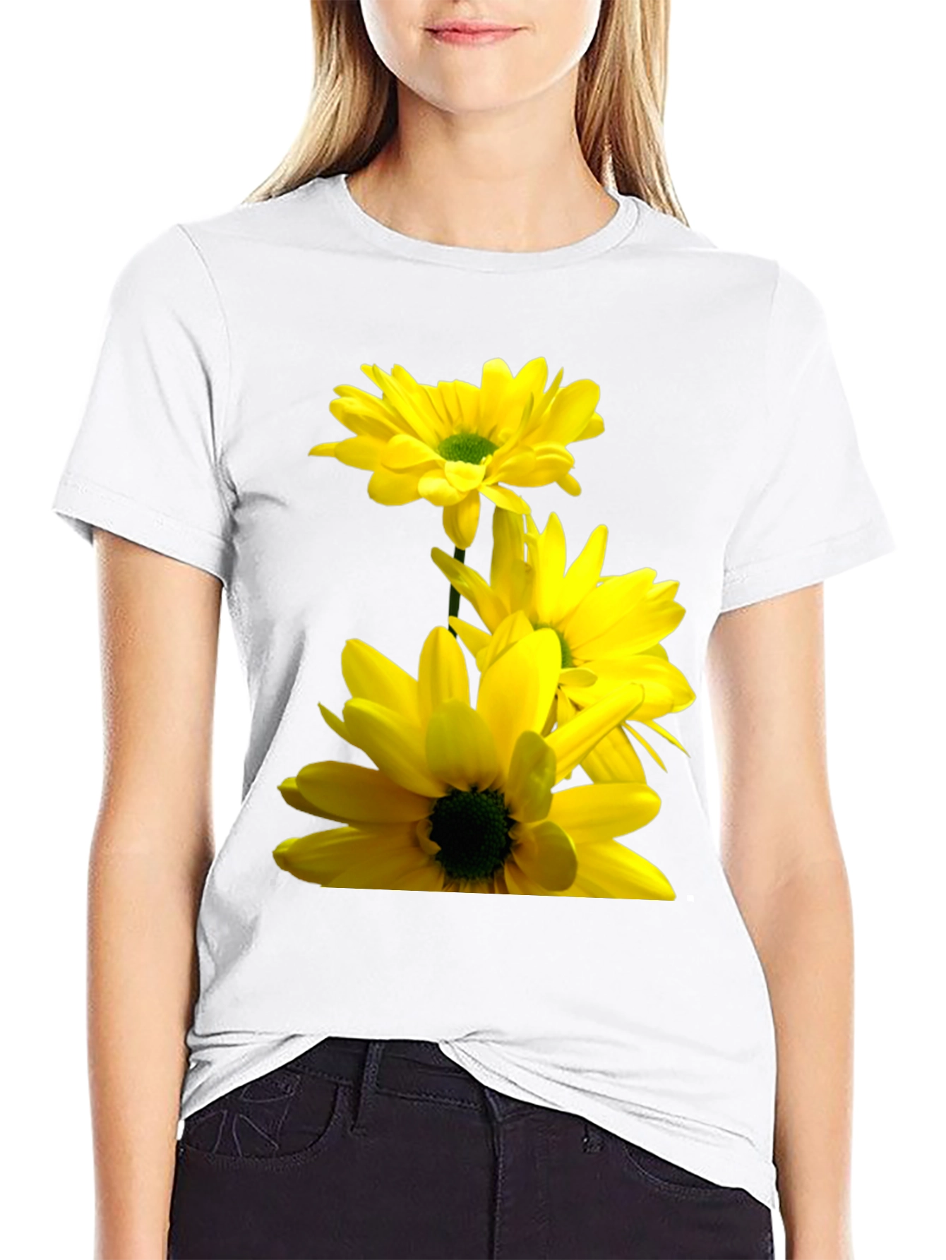Black Black T-Shirt with Yellow Daisy Flower Print view 9