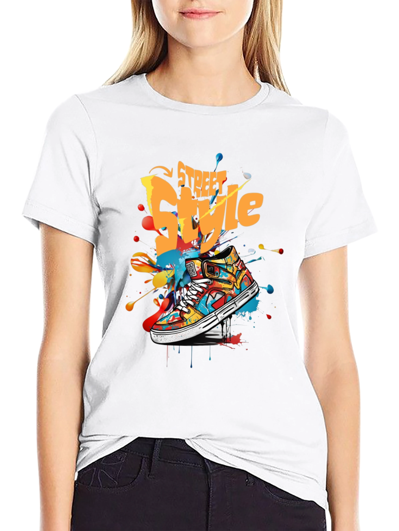 Black Street Style Graphic Tee - Colorful Sneaker Design view 9