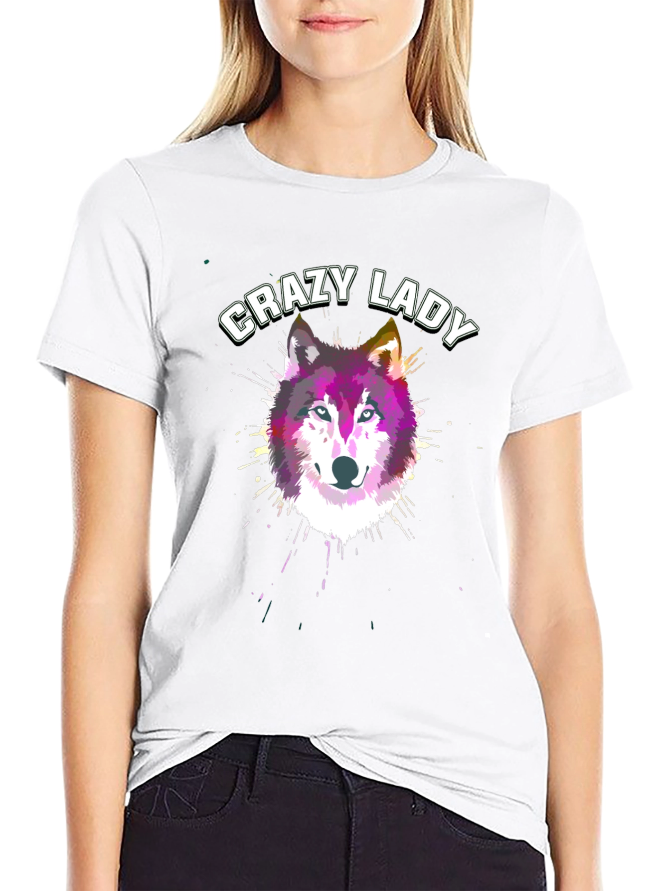 Black Crazy Lady Wolf Graphic T-Shirt | Unisex view 9