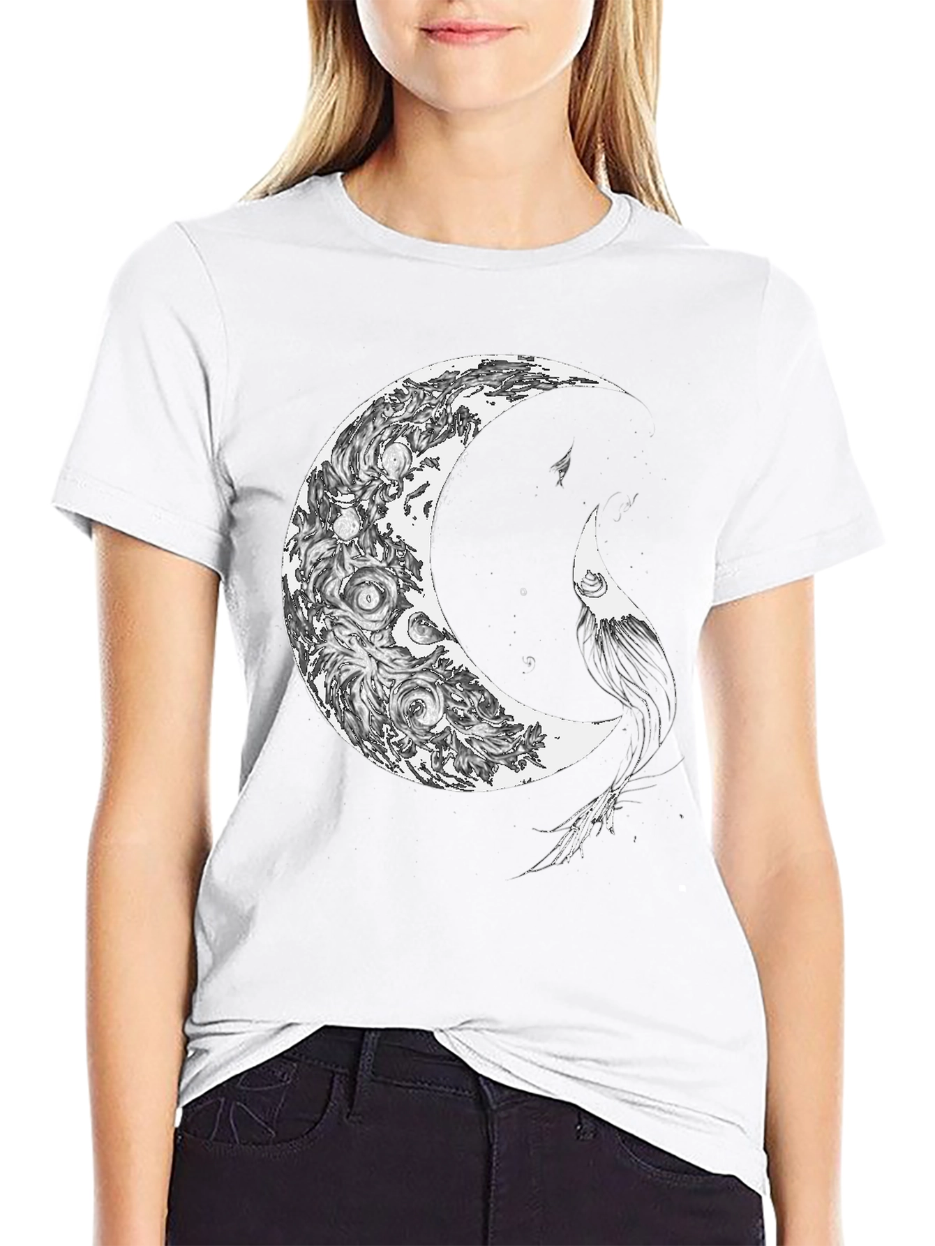 Black Celestial Crescent Moon Graphic Print T-Shirt view 9