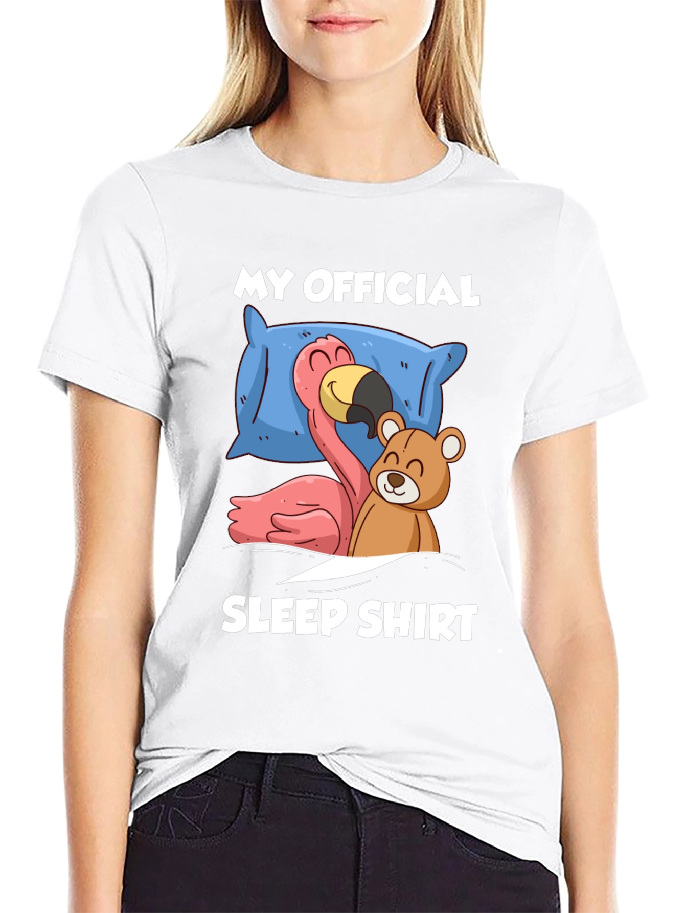 Black Funny Sleep Shirt: Flamingo & Teddy Bear Graphic Tee view 9