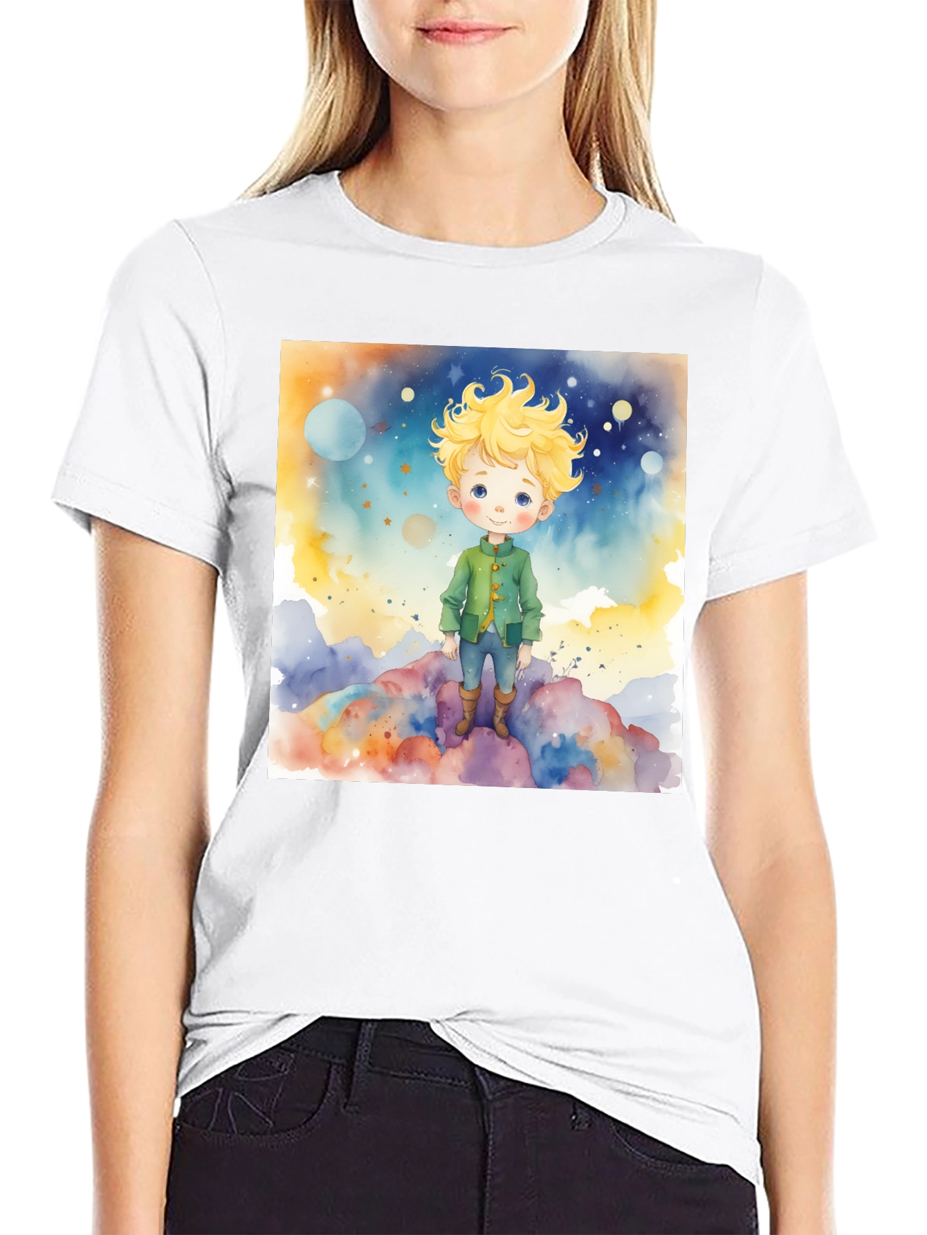 Black Little Prince Watercolor Graphic Tee - Soft Cotton Blend view 9