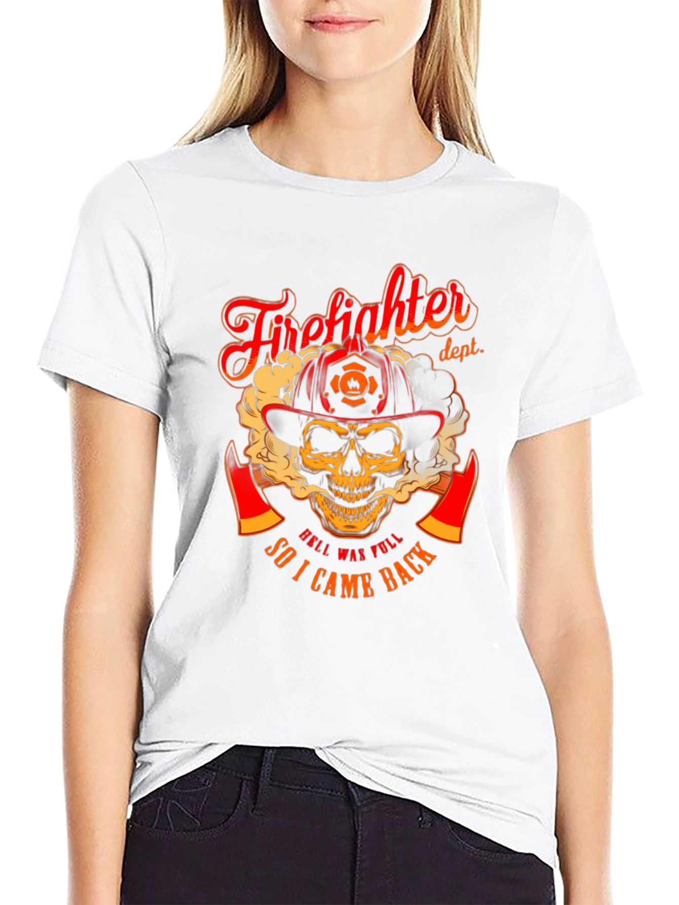 Black Firefighter Skull Graphic T-Shirt - "Hell Was Full" Design view 9