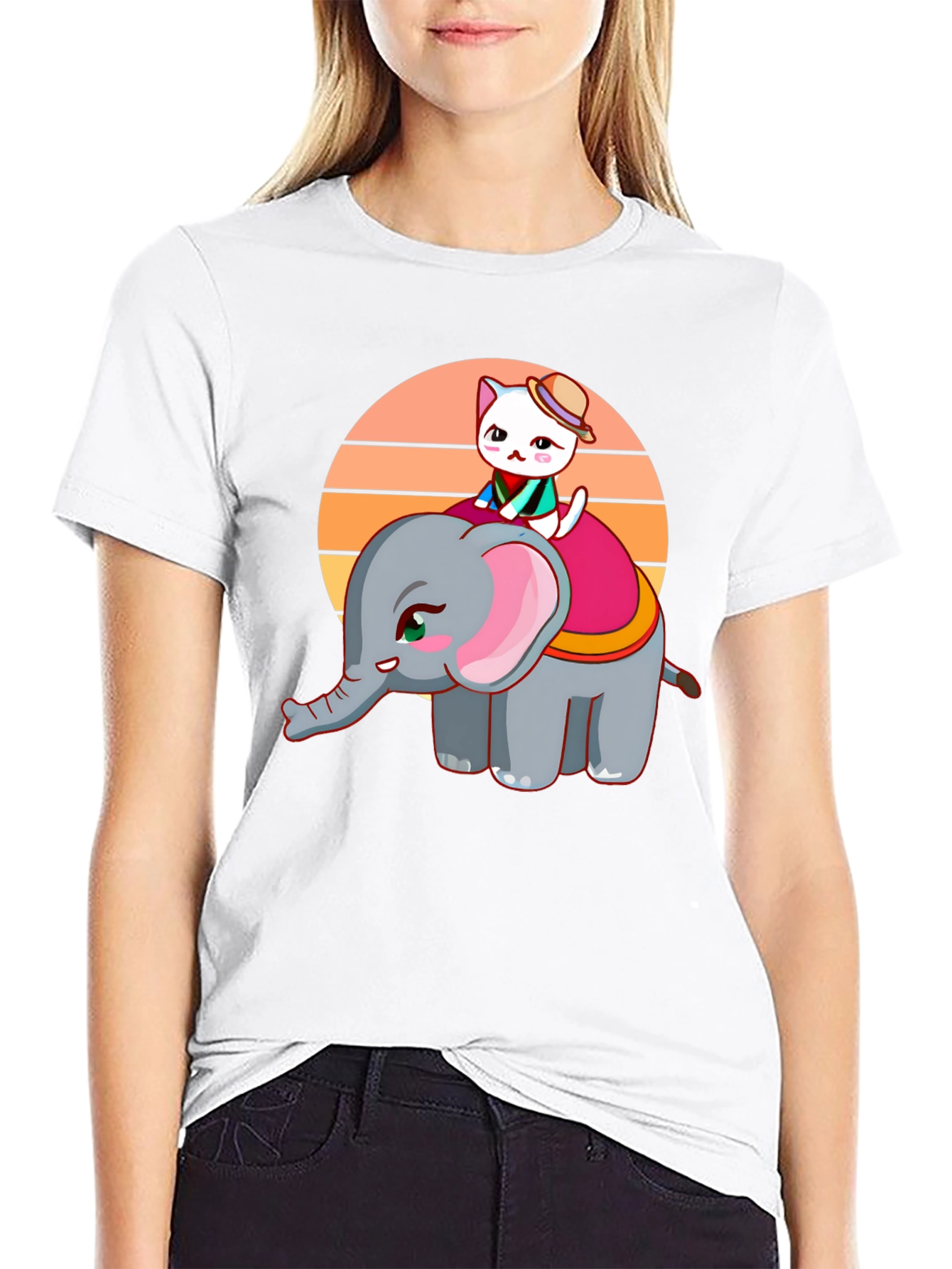 Black Cute Cartoon Elephant and Cat Graphic Tee view 9