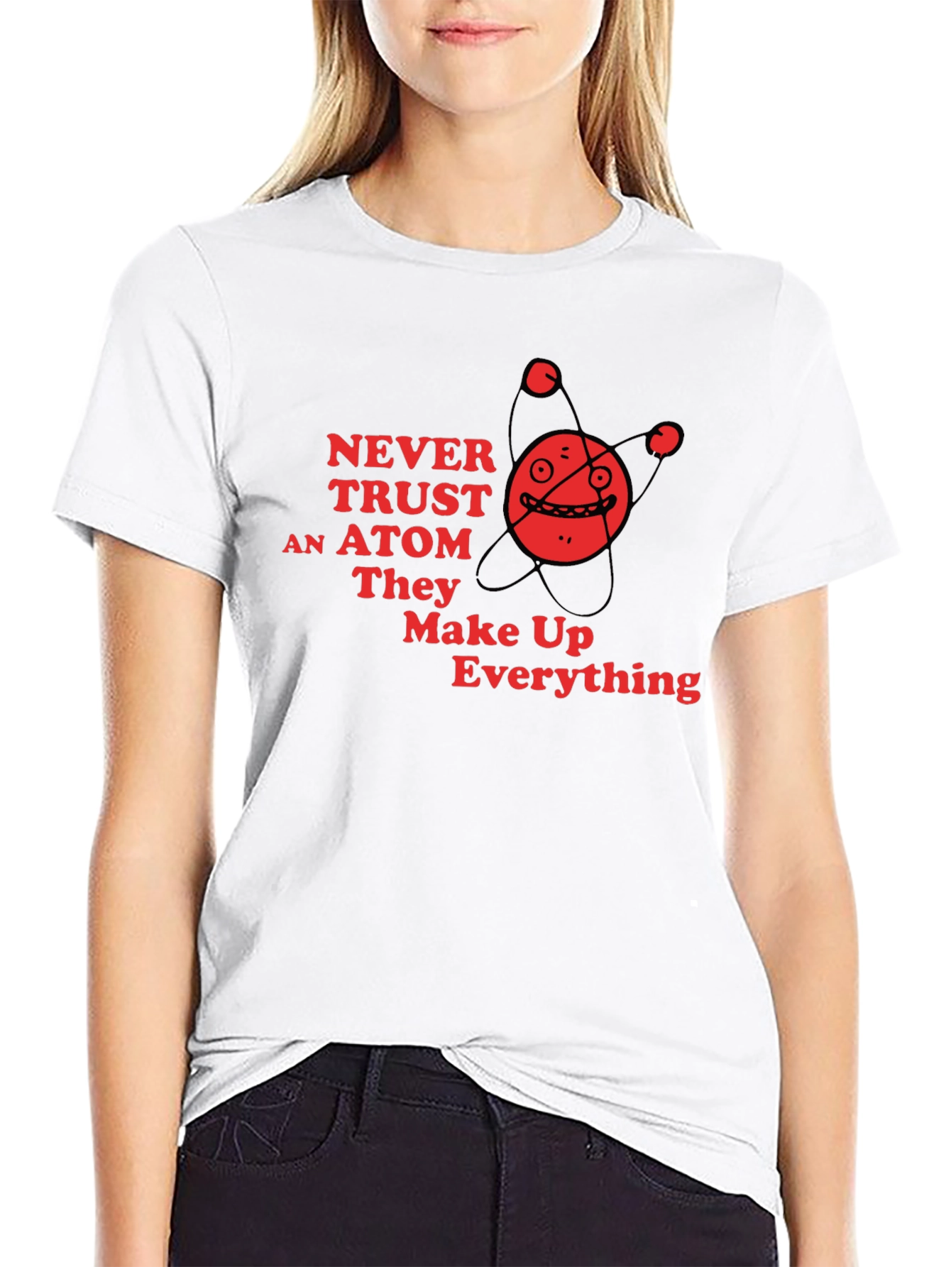 Black Never Trust an Atom Funny Science T-Shirt view 9