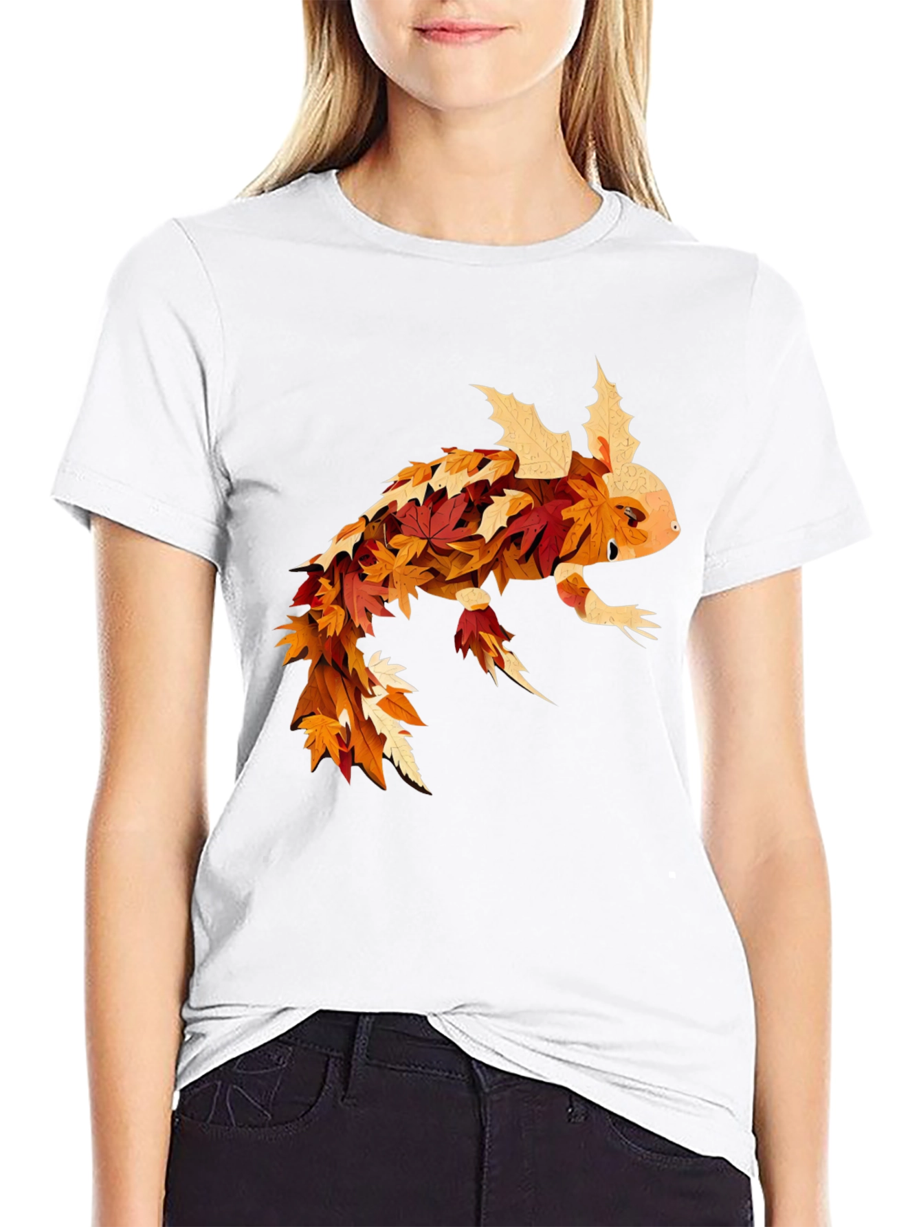 Black Fall Axolotl T-Shirt - Autumn Leaf Design view 9