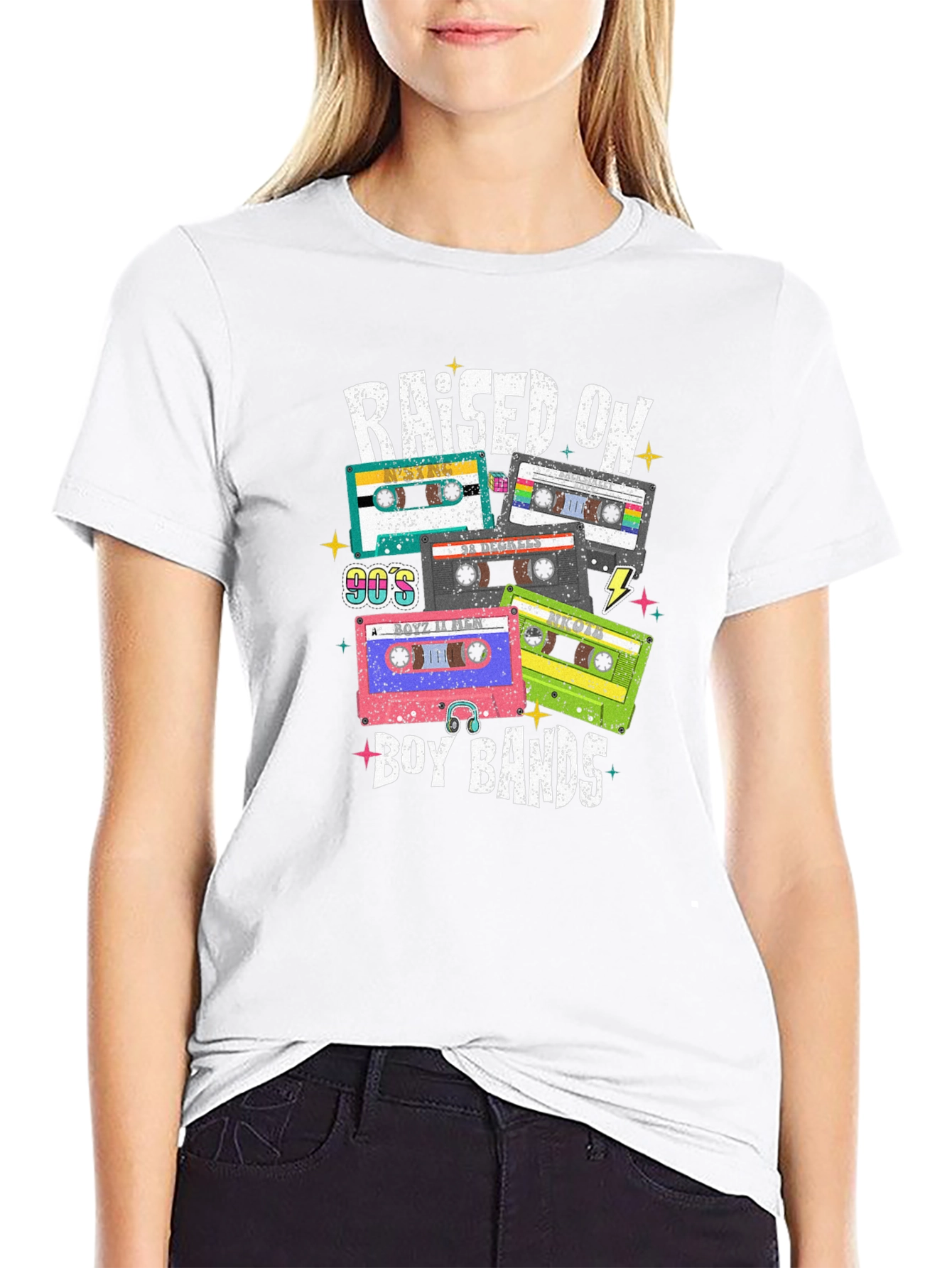 Black Raised on Boy Bands 90s Cassette Tape T-Shirt view 9