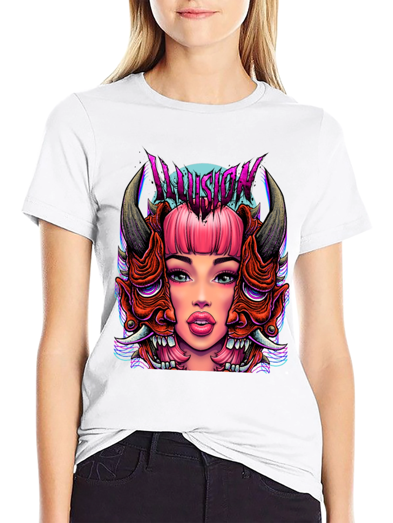 Black Illusion Graphic Tee - Edgy Demon Girl Design view 9