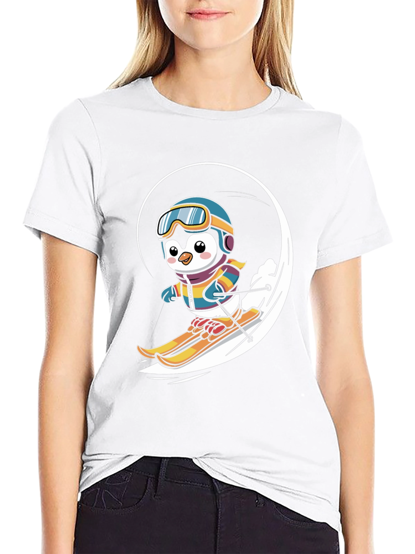 Black Penguin Skiing Graphic Tee - Winter Fun T-Shirt view 9