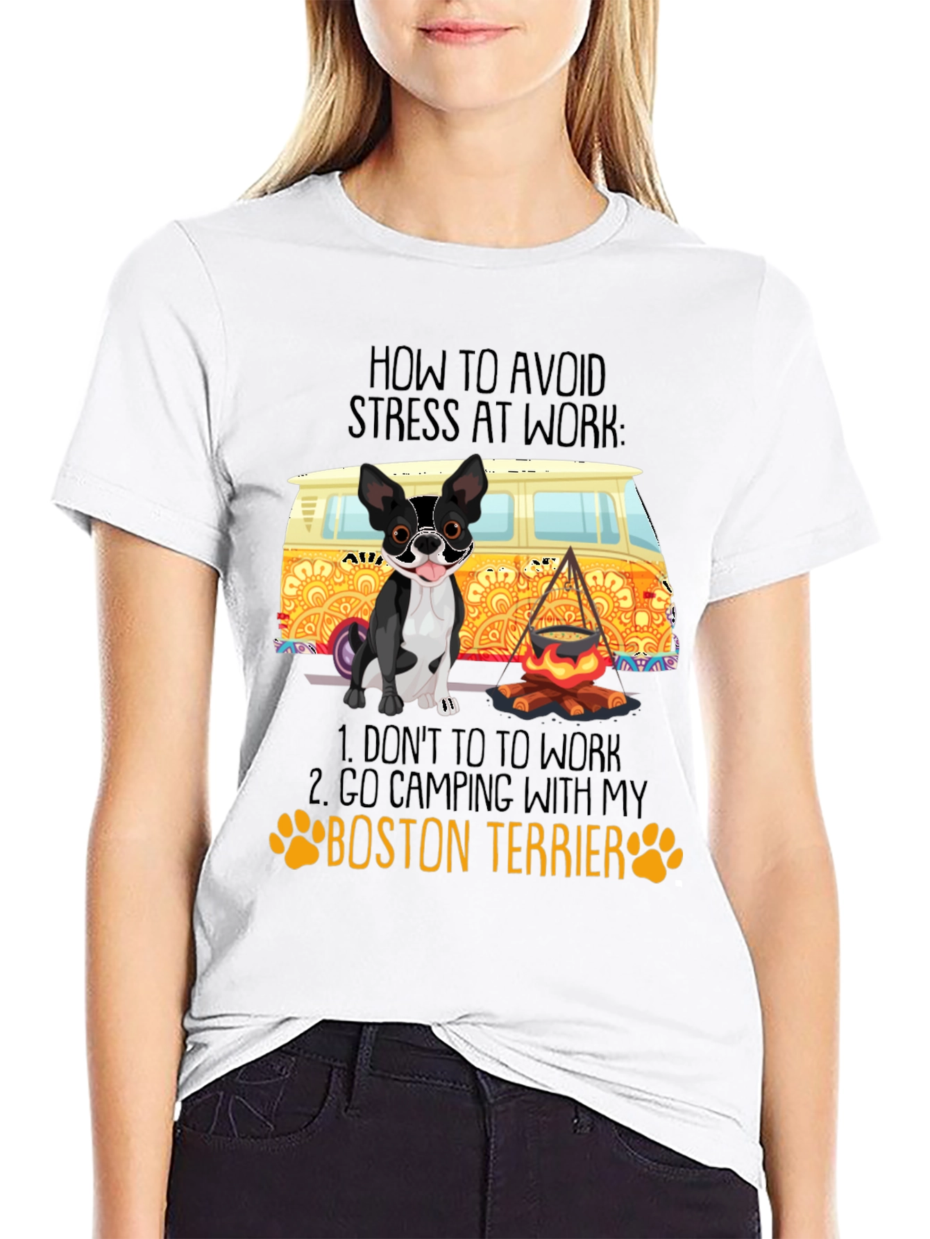 Black Boston Terrier Camping Graphic Tee - Avoid Stress at Work view 9