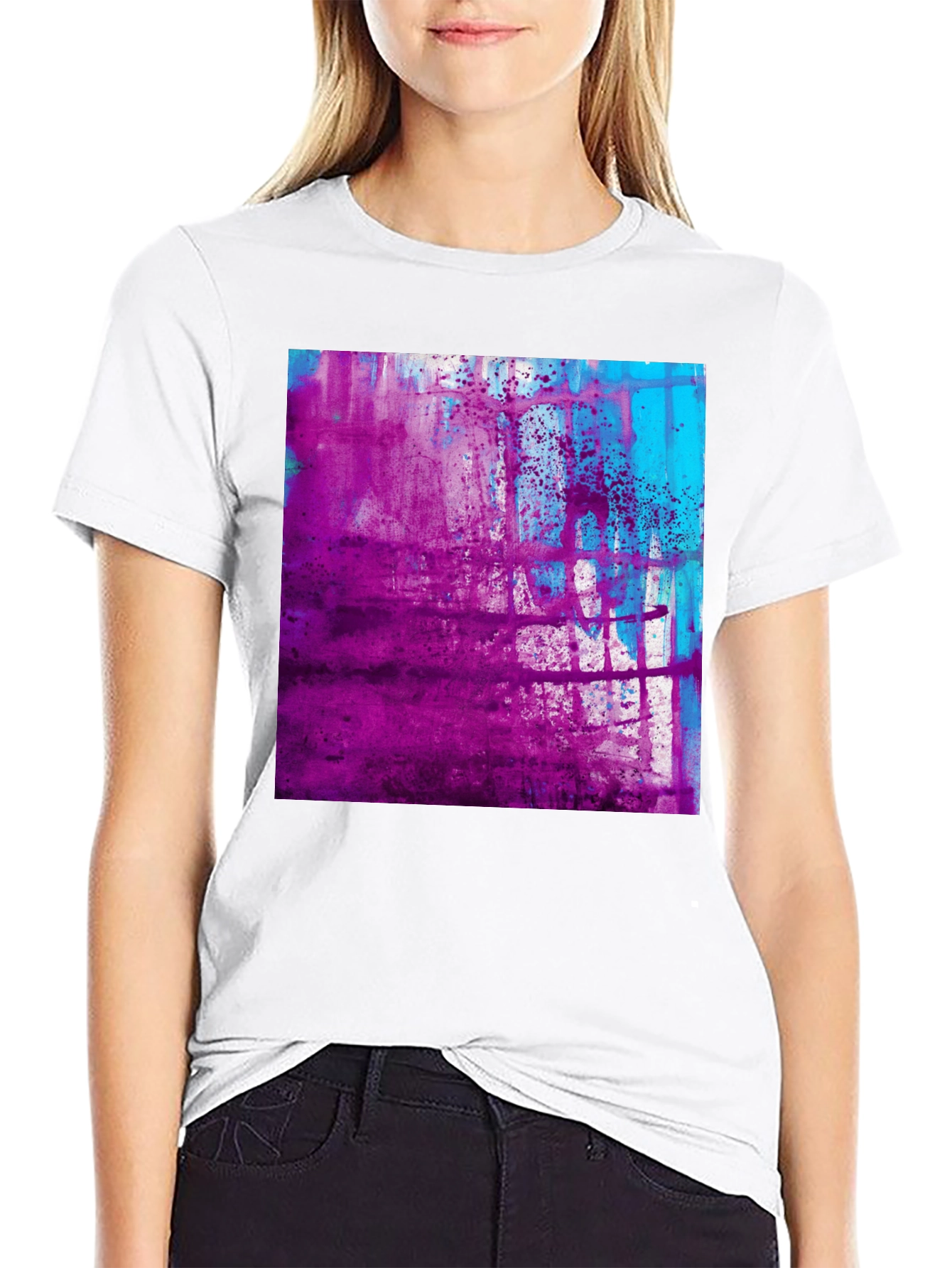 Black Abstract Purple & Blue Graphic Print Black T-Shirt view 9