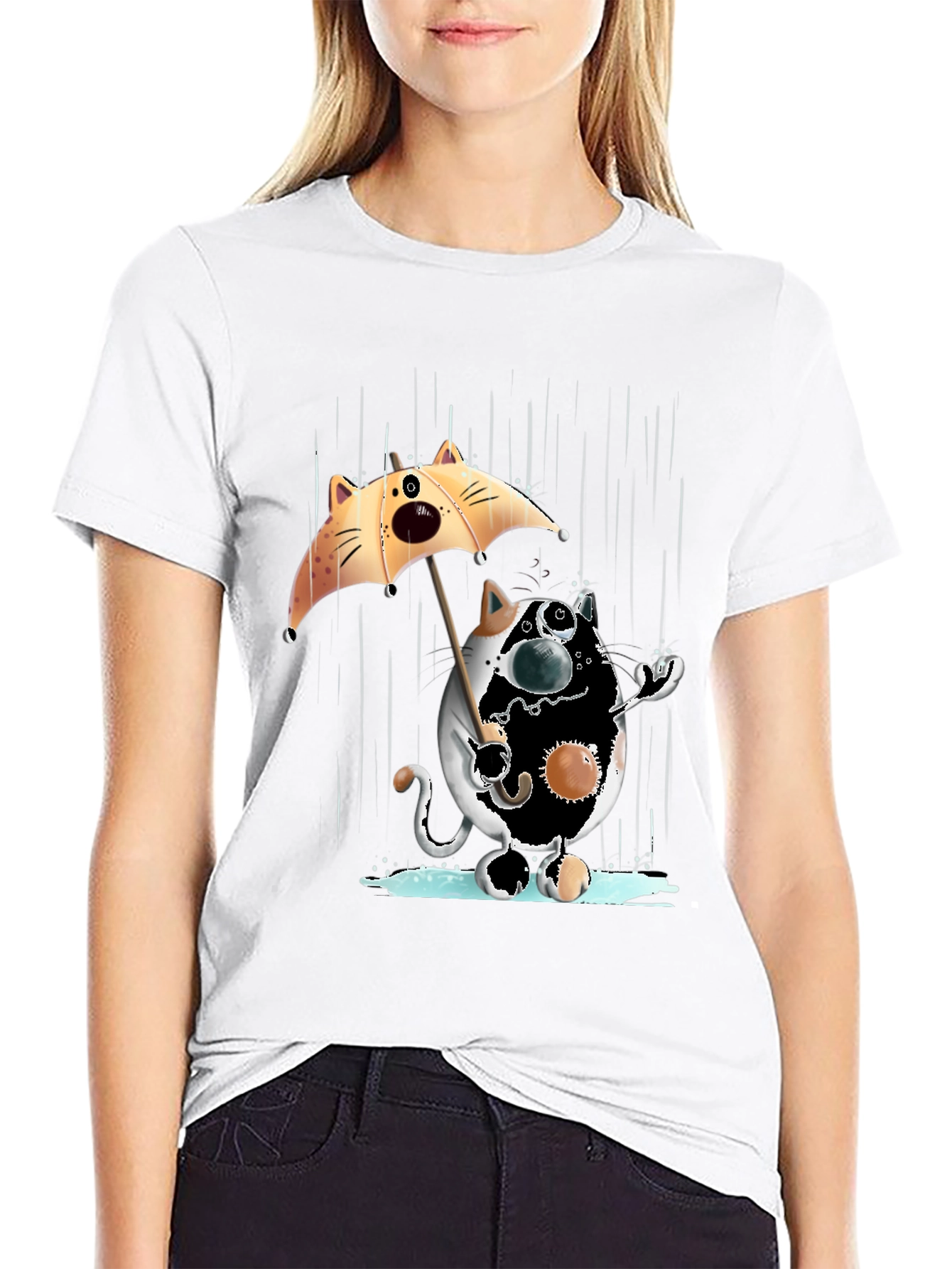 Black Funny Cat in Rain Graphic T-Shirt view 9
