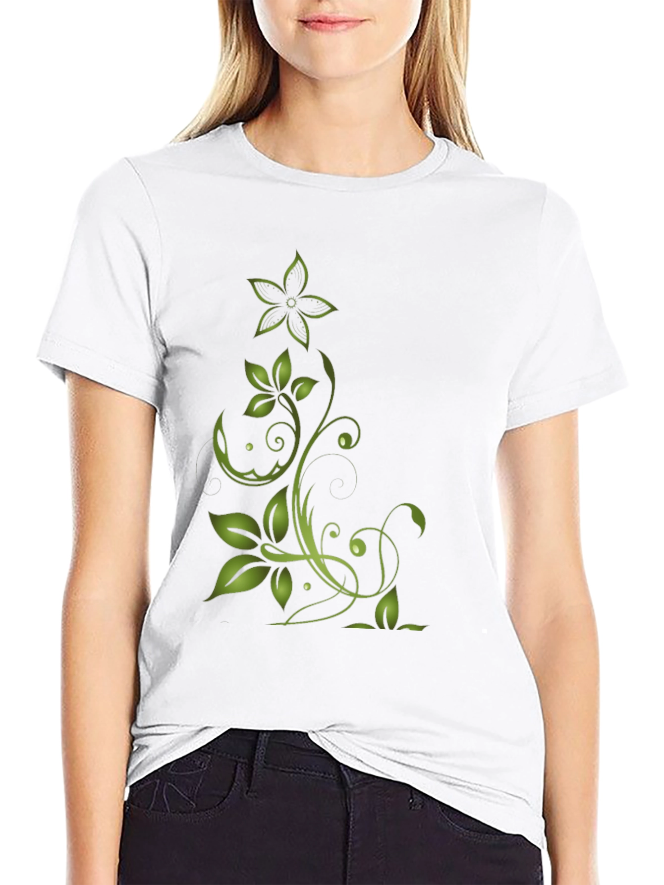 Black Green Floral Design Black T-Shirt view 9