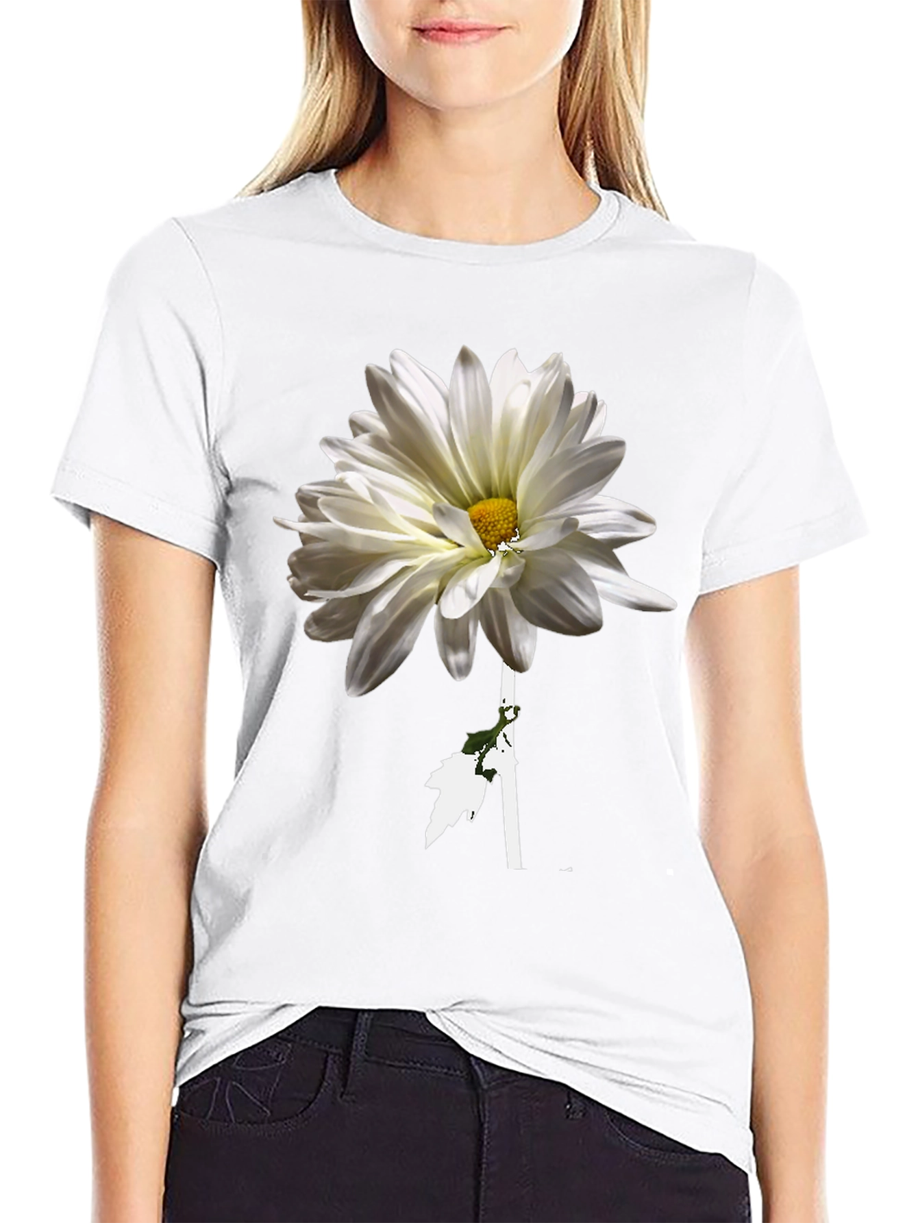 Black Floral T-Shirt: White Daisy on Black view 9