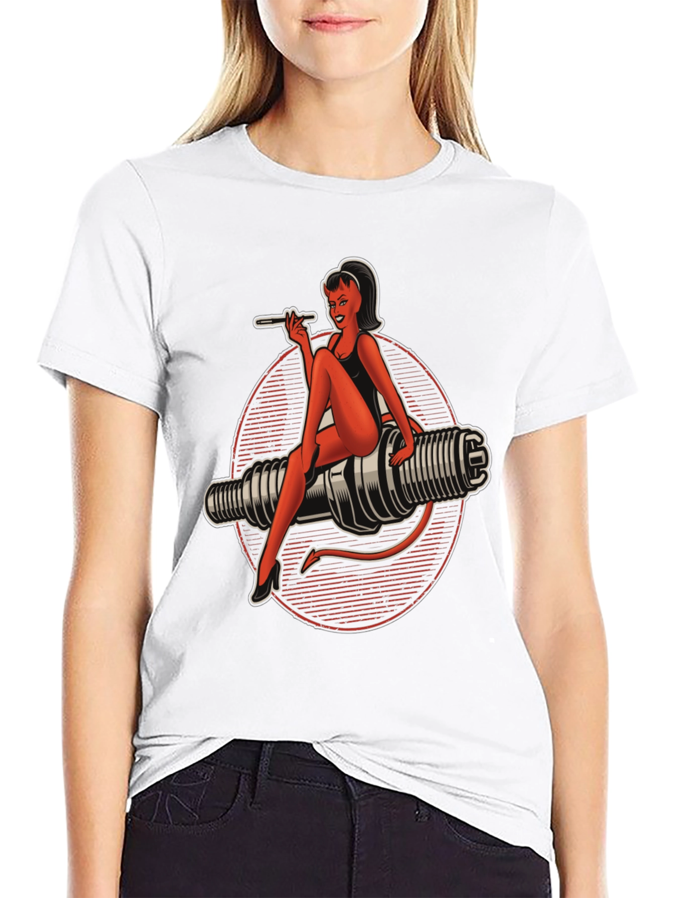 Black Devil Pin-Up Girl Spark Plug Graphic T-Shirt view 9