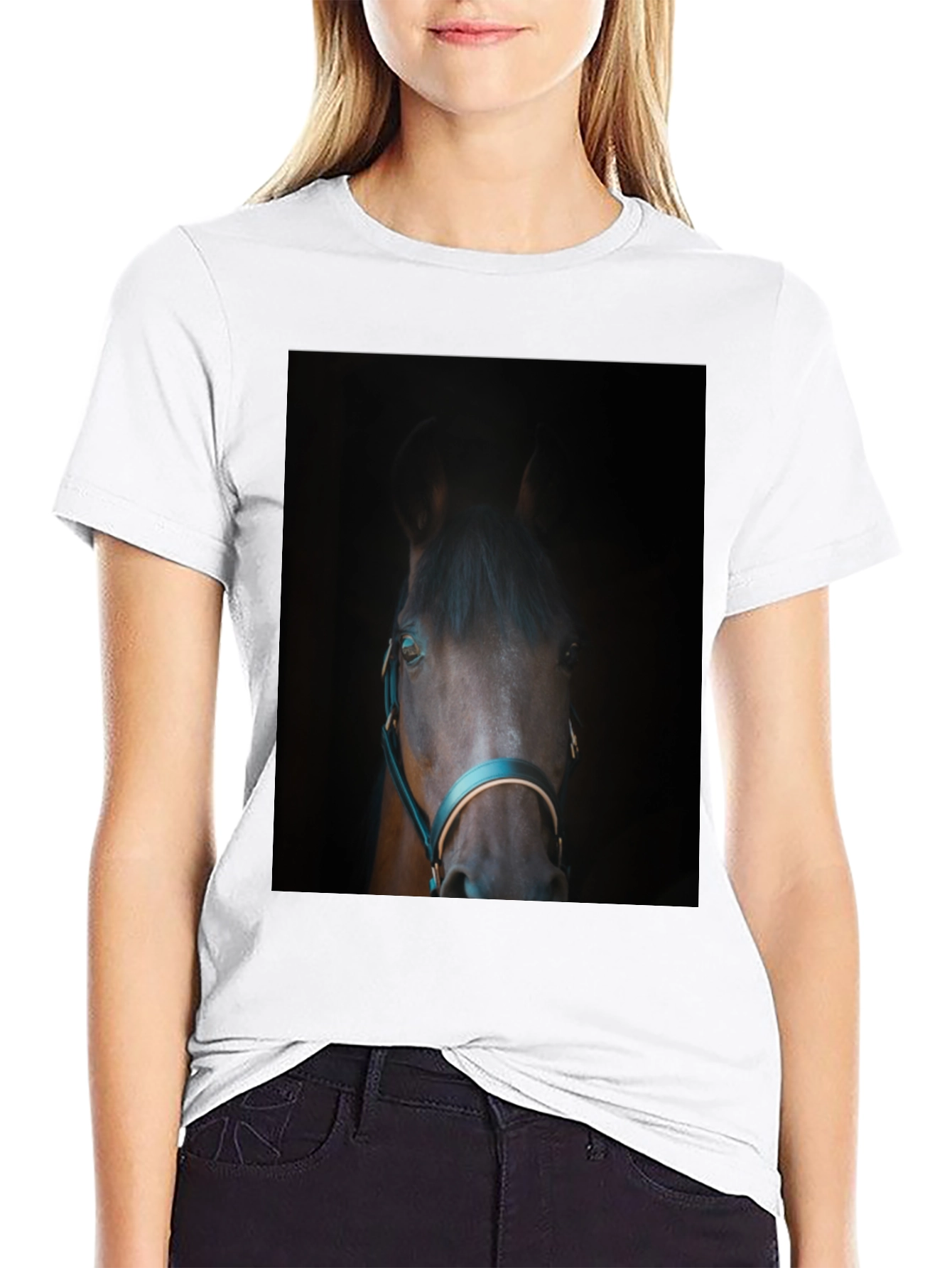 Black Horse Portrait Black T-Shirt - Equestrian Style view 9