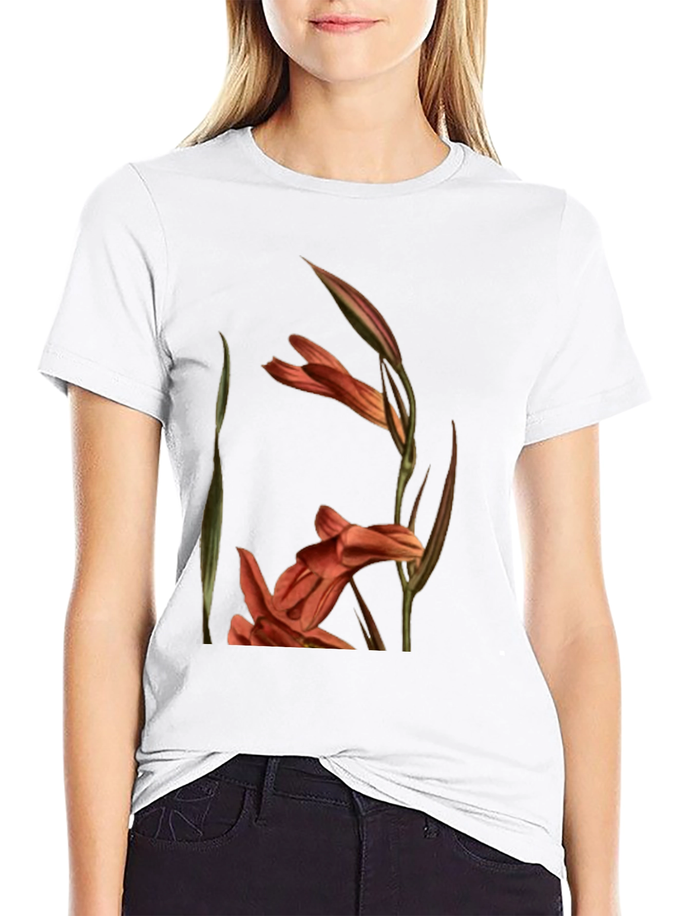 Black Floral Gladiolus Print Black T-Shirt view 9