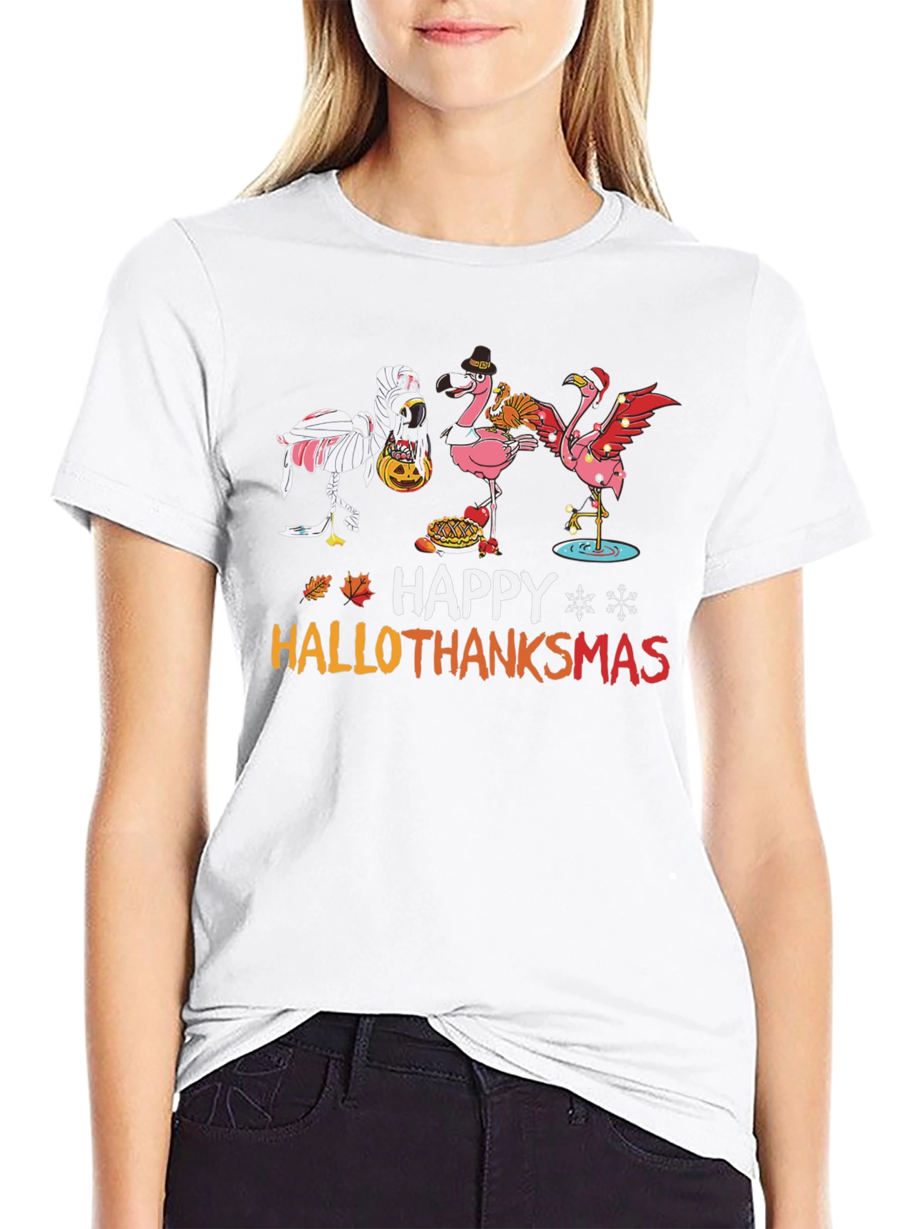 Black Happy Hallothanksmas Flamingo T-Shirt view 9