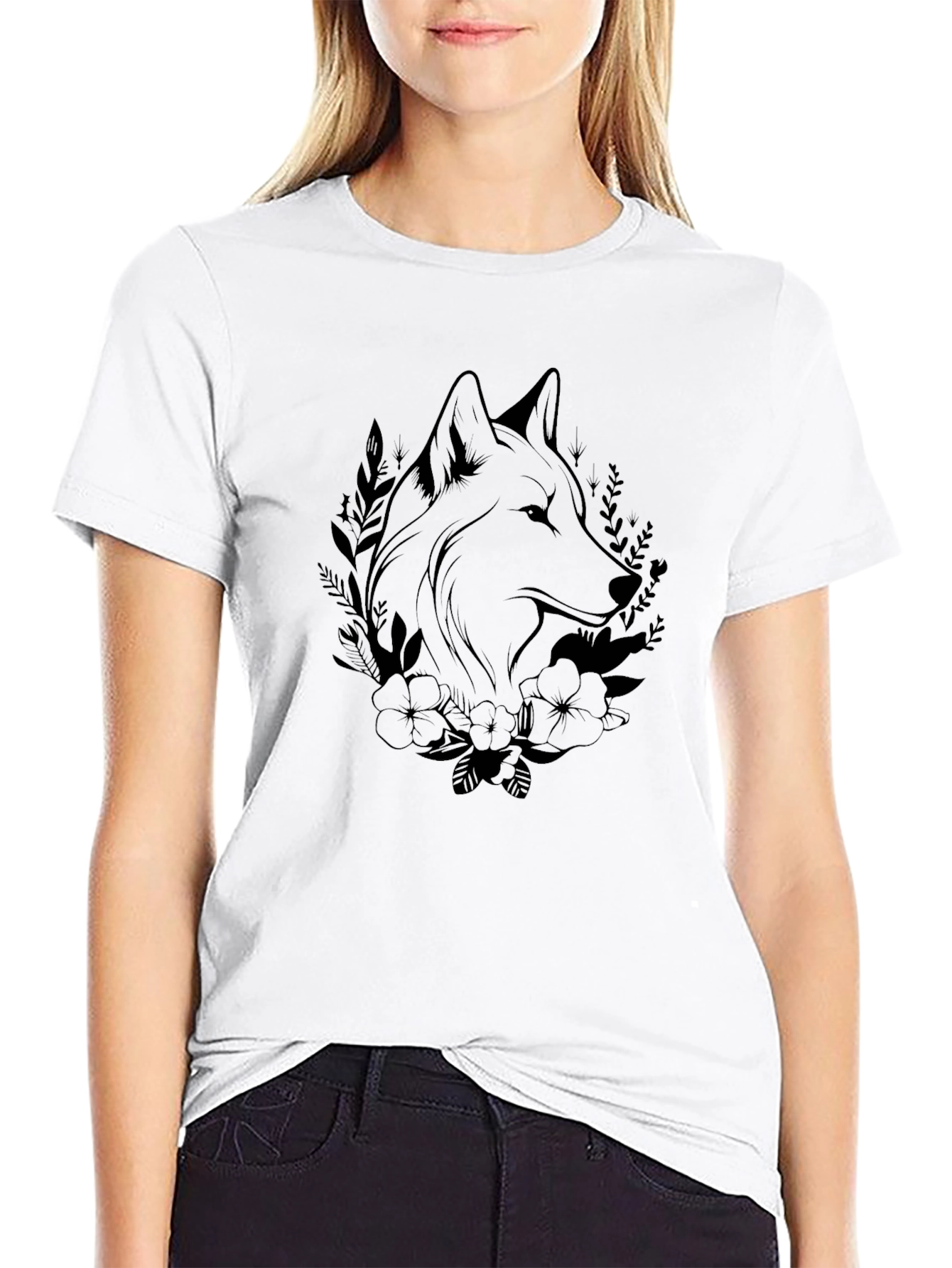 Black Wolf & Floral Graphic Black T-Shirt view 9