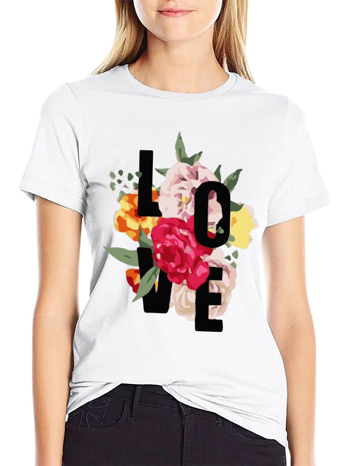 Black Floral Love Graphic Black T-Shirt view 9