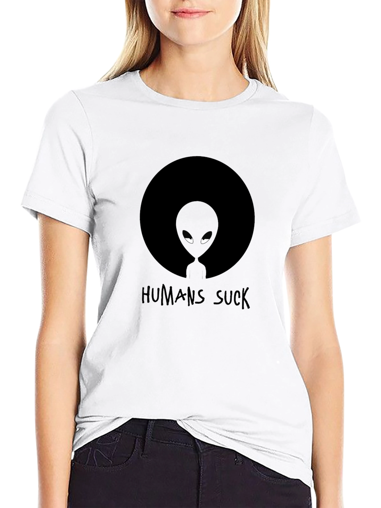Black Humans Suck Alien Graphic Tee - Black Cotton T-Shirt view 9