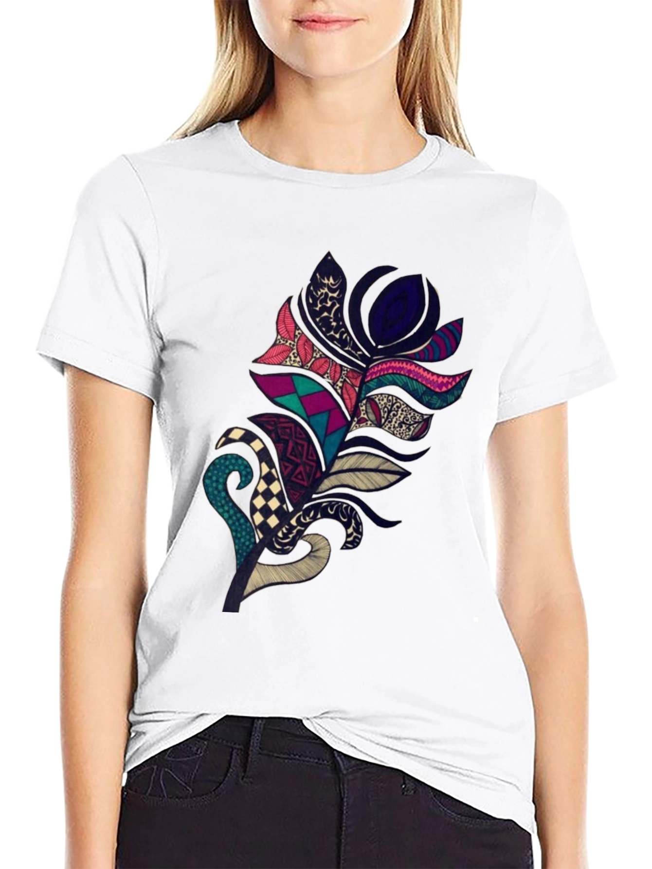 Black Boho Feather Graphic Tee - Stylish Black T-Shirt view 9