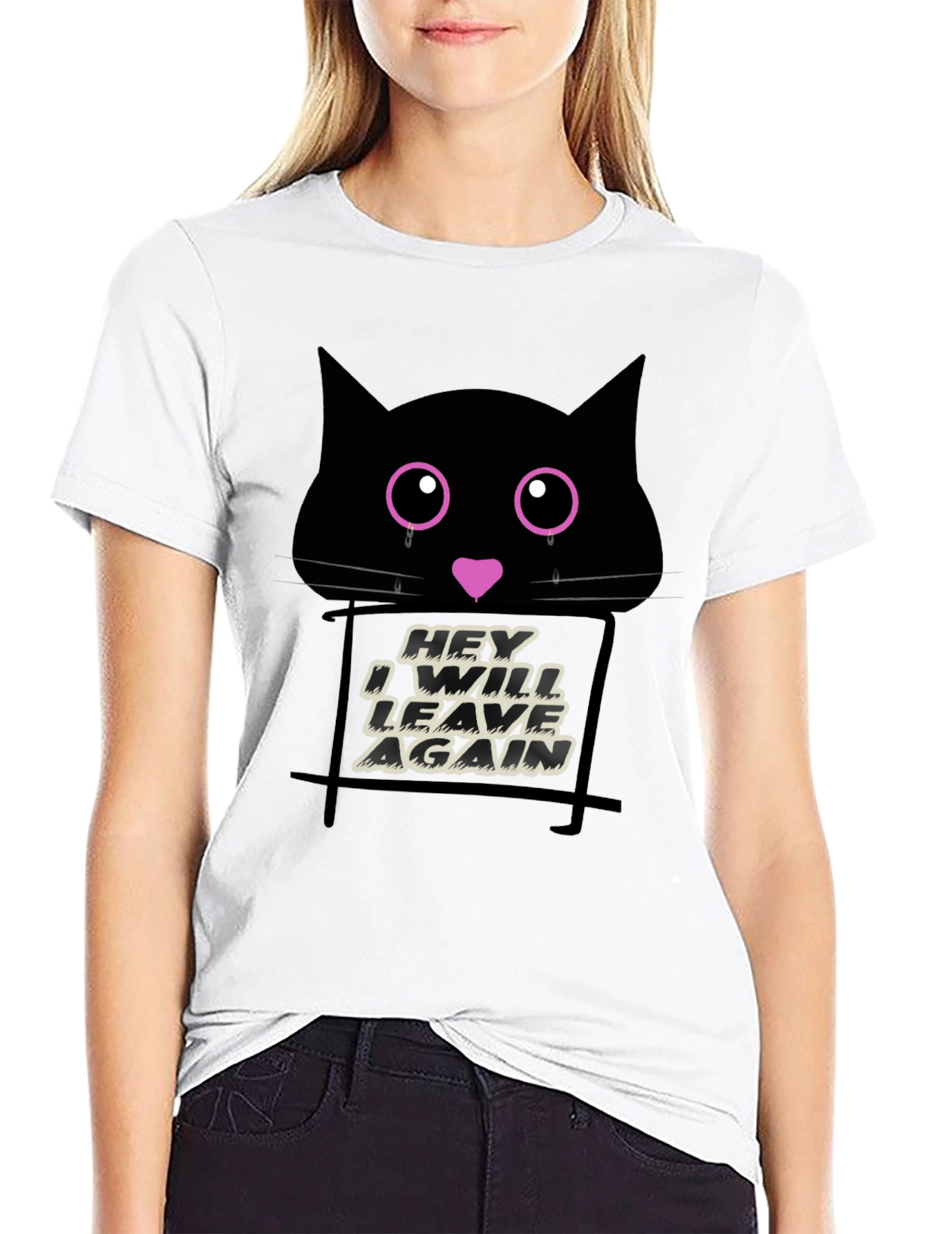 Black Crying Cat Graphic Print Tee - 'Hey I Will Leave Again' view 9