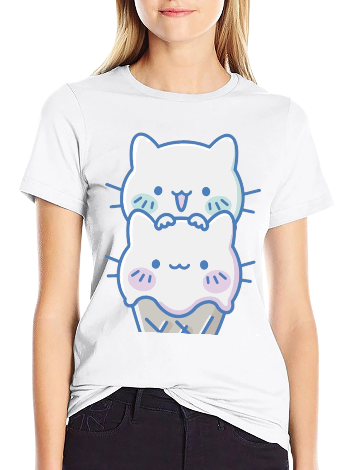 Black Cute Kawaii Cat Ice Cream T-Shirt view 9