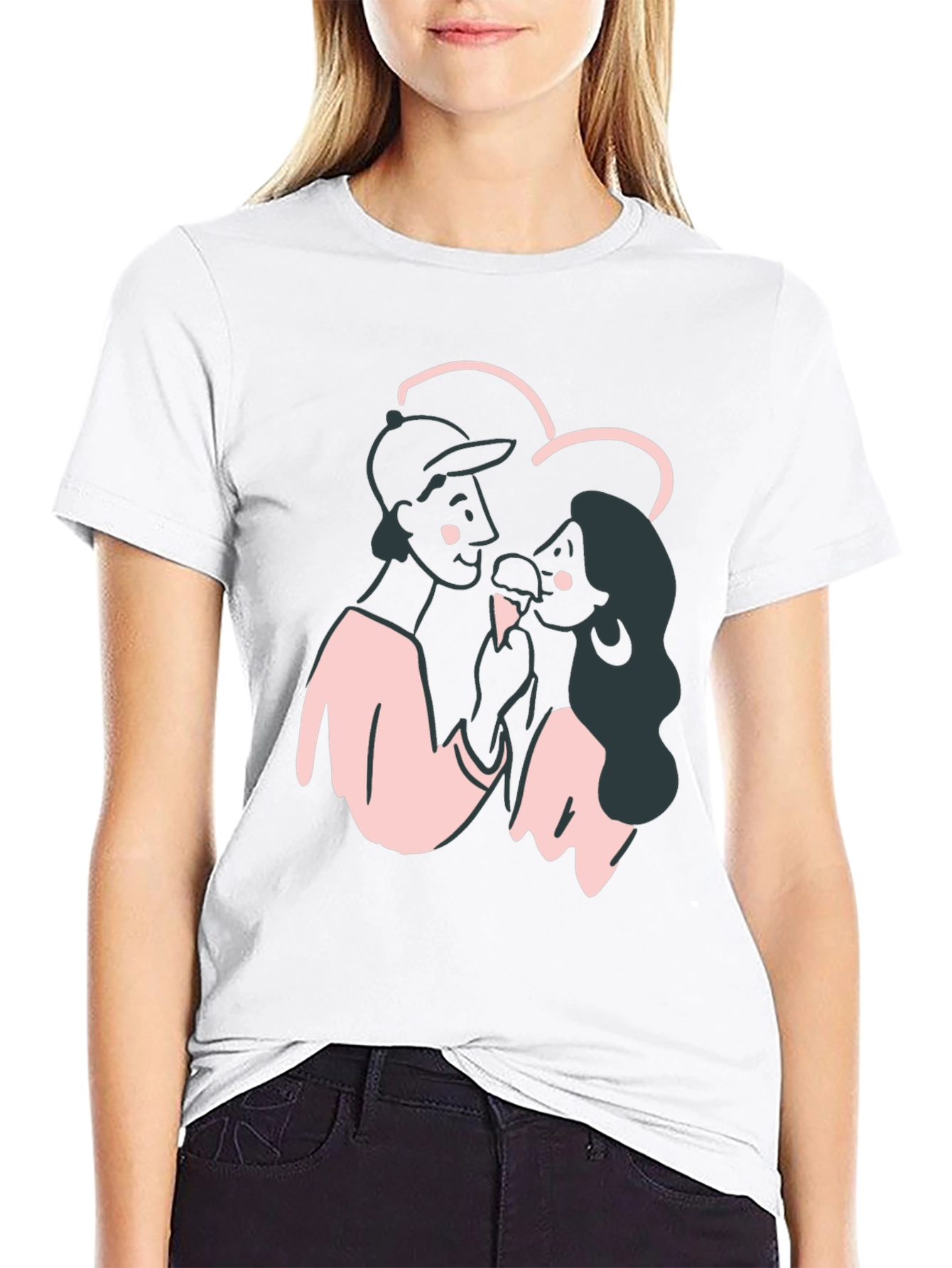 Black Couple's Cartoon Graphic Black T-Shirt view 9
