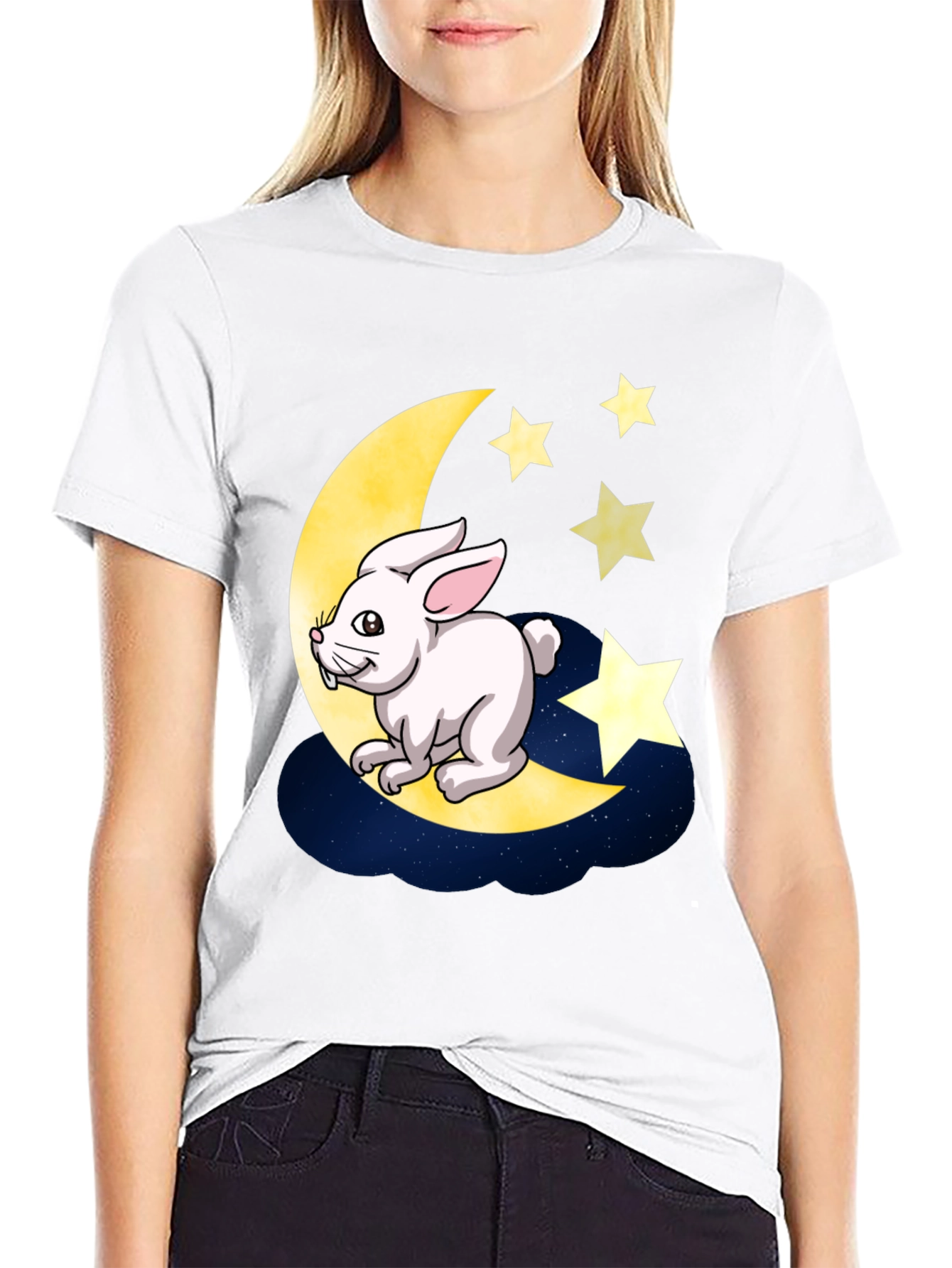 Black Moon Rabbit Graphic Tee - Black Cotton T-Shirt view 9
