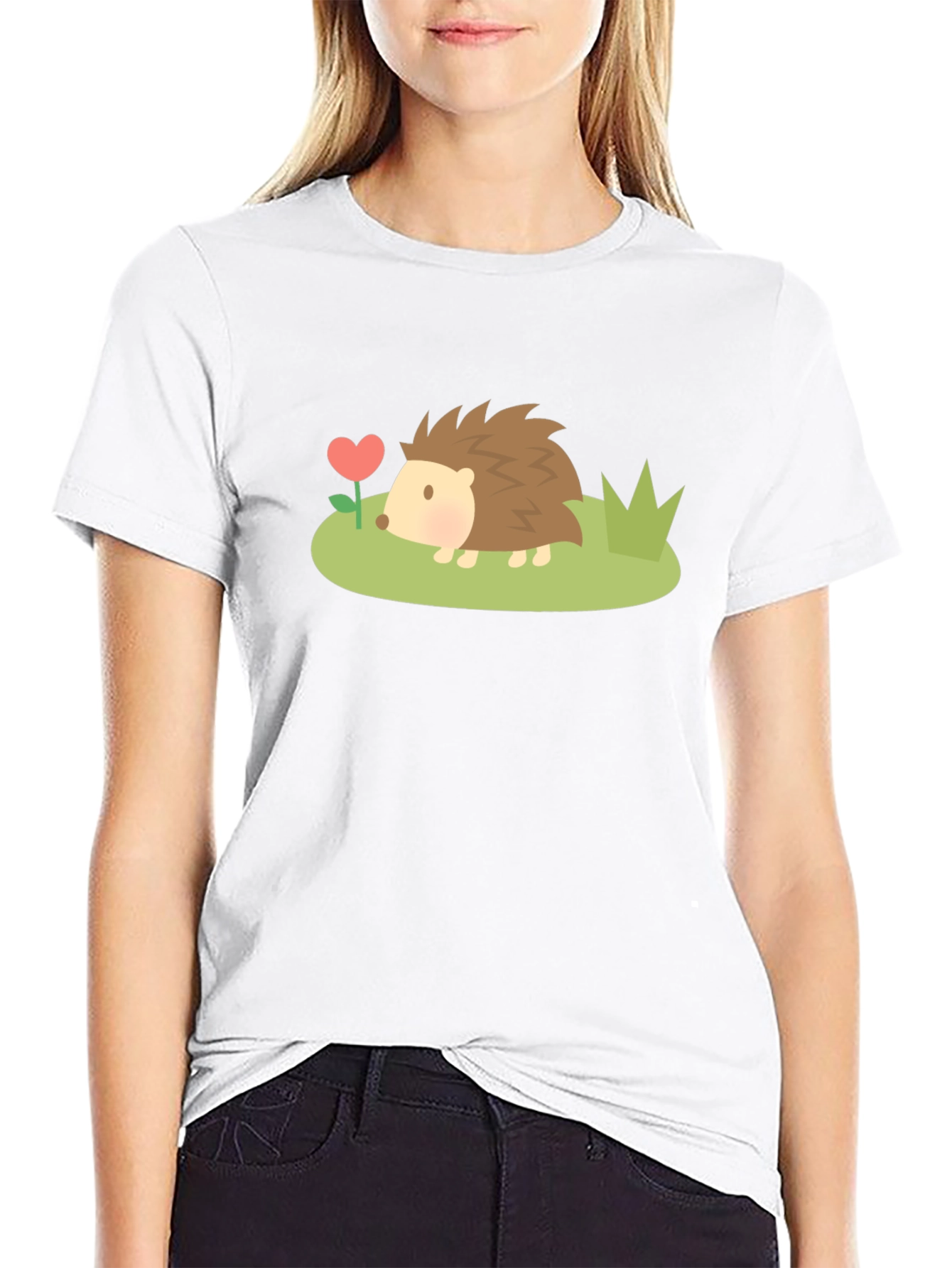 Black Cute Hedgehog Heart Flower Graphic T-Shirt view 9