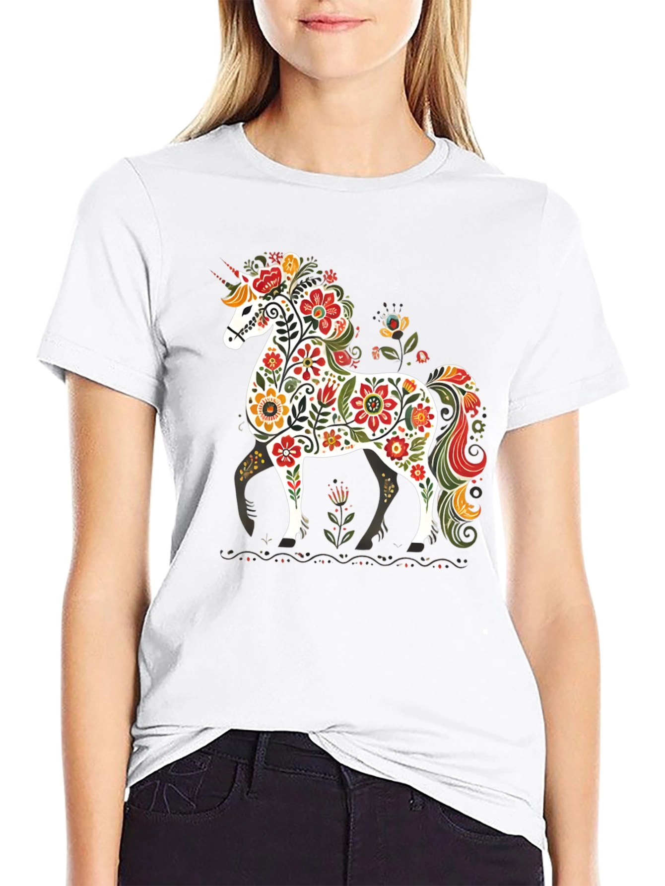 Black Floral Unicorn Graphic Tee - Black Unisex T-Shirt view 9