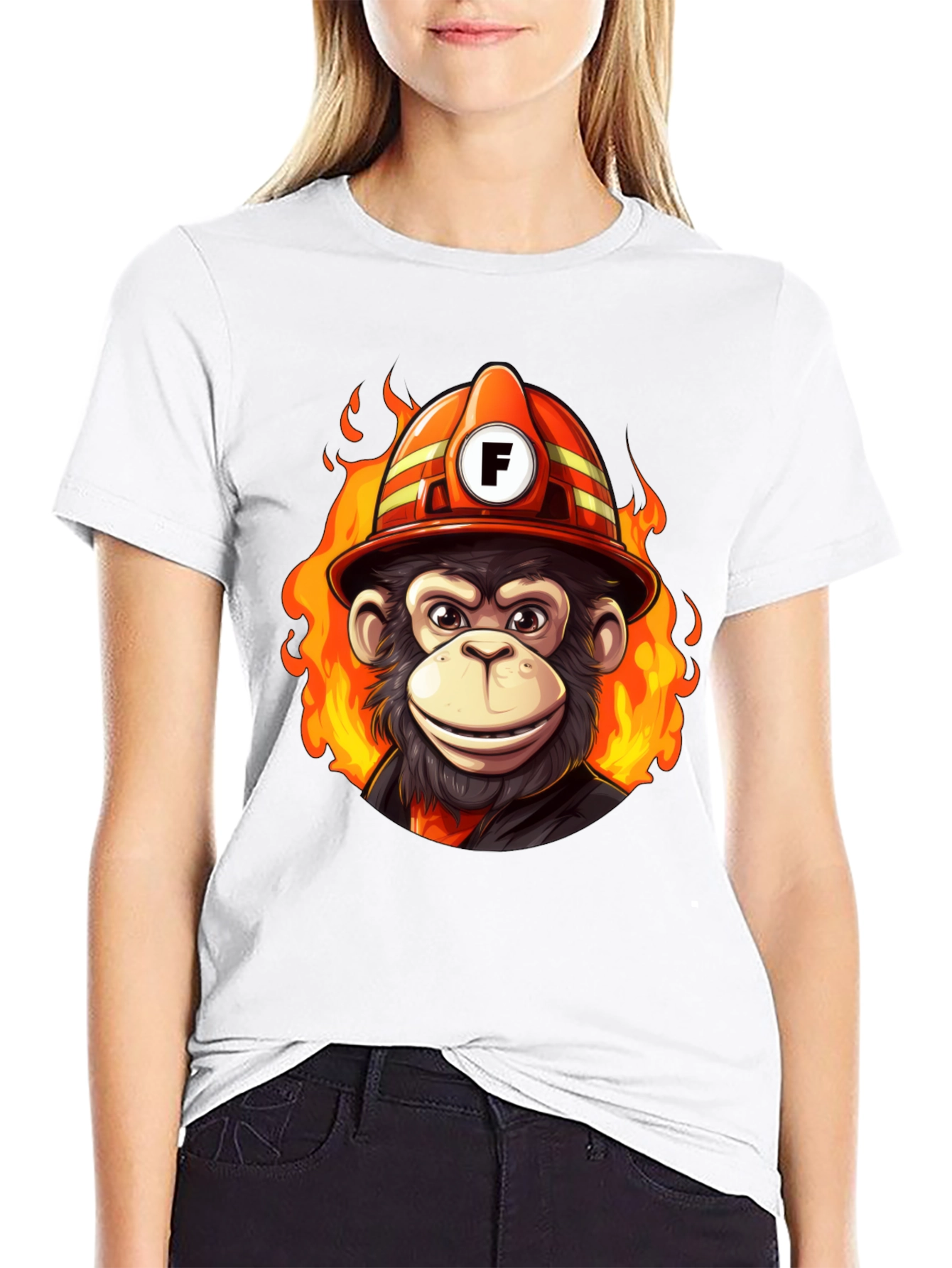 Black Fire Monkey Tee - Fun Cartoon Firefighter Ape T-Shirt view 9