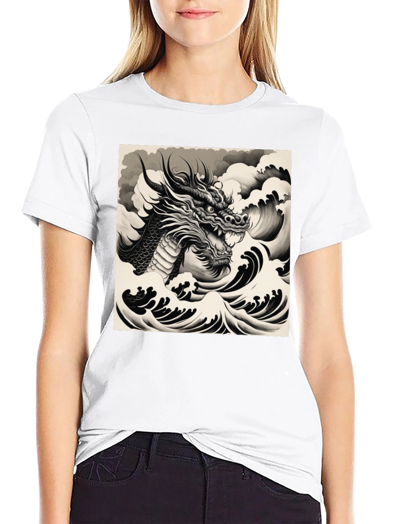 Black Dragon & Waves Graphic Tee - Black view 9