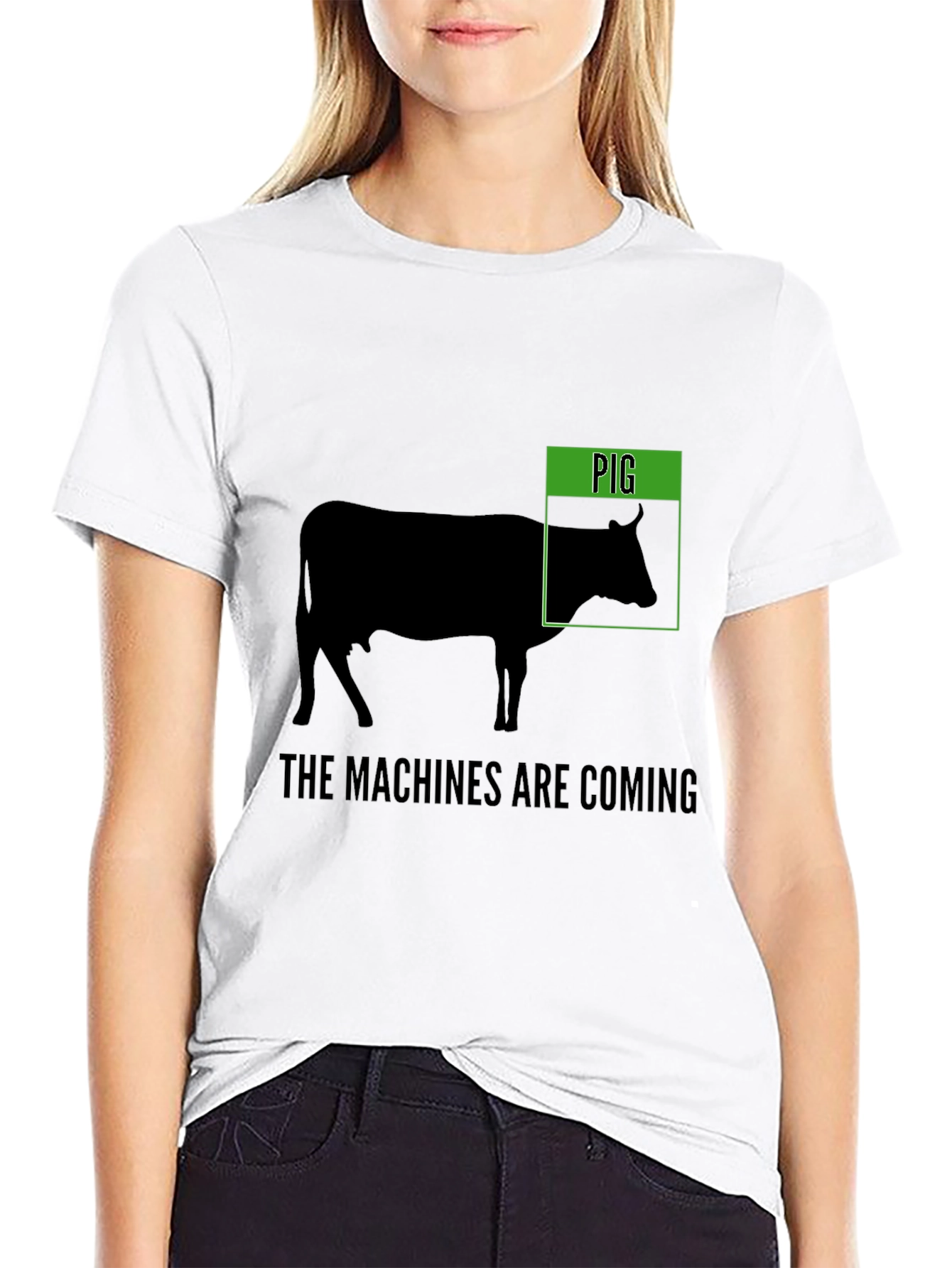 Black Funny 'Pig' Cow T-Shirt - The Machines Are Coming view 9